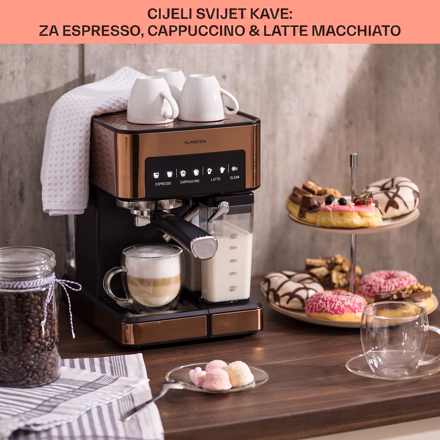 Arabica Comfort, aparat za kavu s portafilterom, 1350W, 20 bara, 1,8 l, upravljačka površina osjetljiva na dodir Bakar metalik