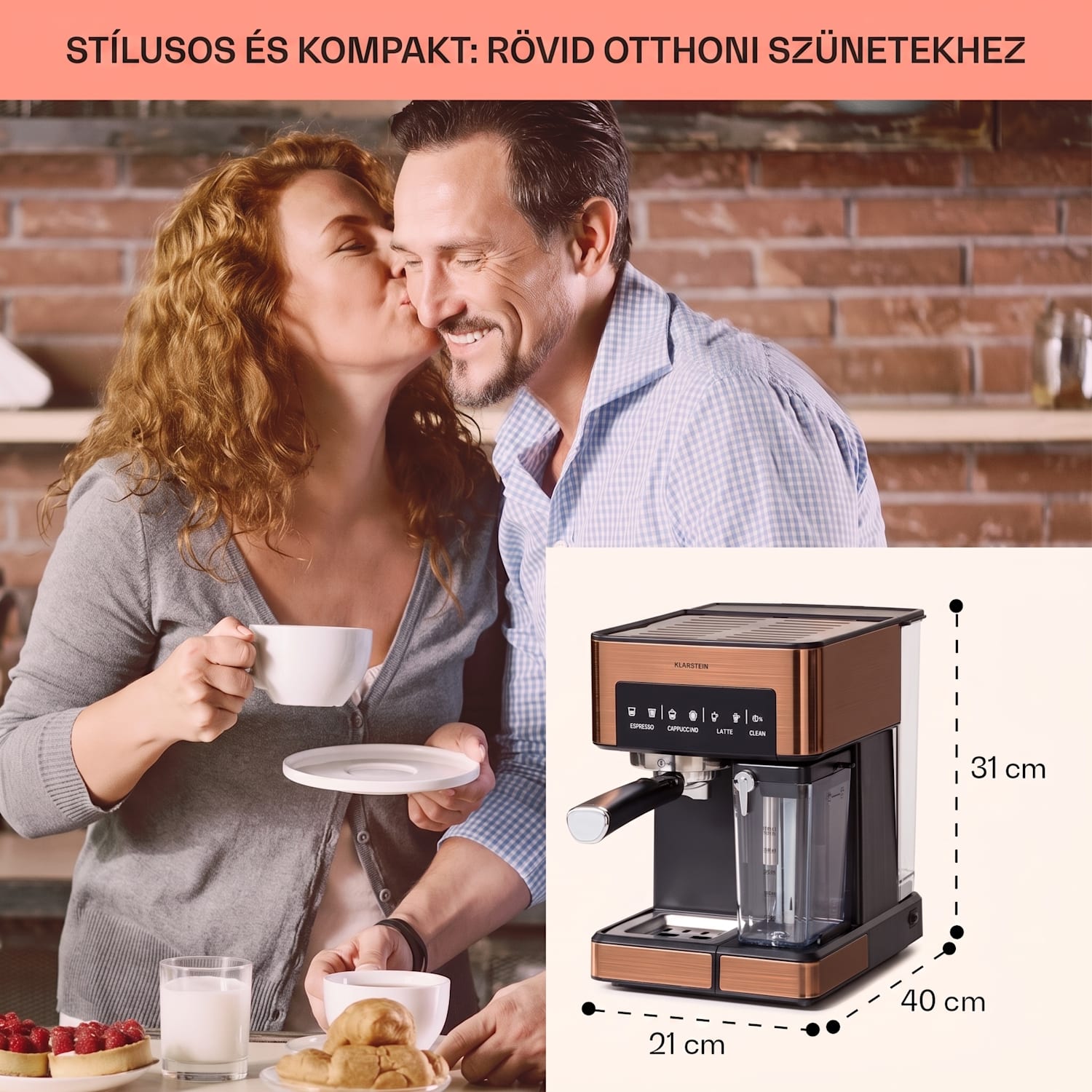 Arabica Comfort, kávégép portaszűrővel, 1350 W, 20 bar, 1,8 l, érintőképernyő Réz fém