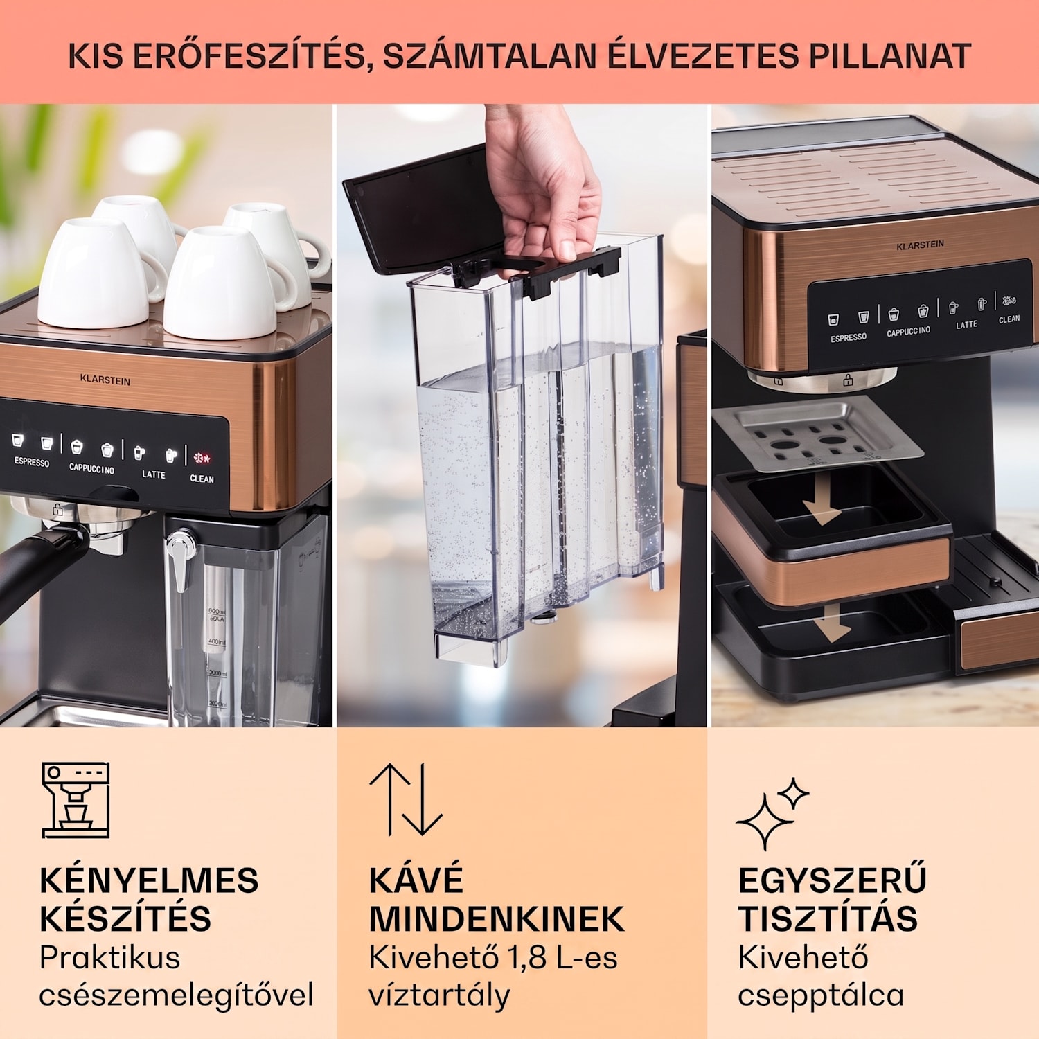 Arabica Comfort, kávégép portaszűrővel, 1350 W, 20 bar, 1,8 l, érintőképernyő Réz fém