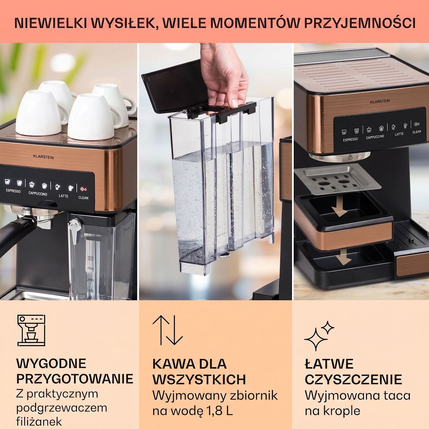 Arabica Comfort, ekspres do kawy kolbowy, 1350 W, 20 Bar, 1,8 l, dotykowy panel sterowania, stal szlachetna Miedź metaliczna