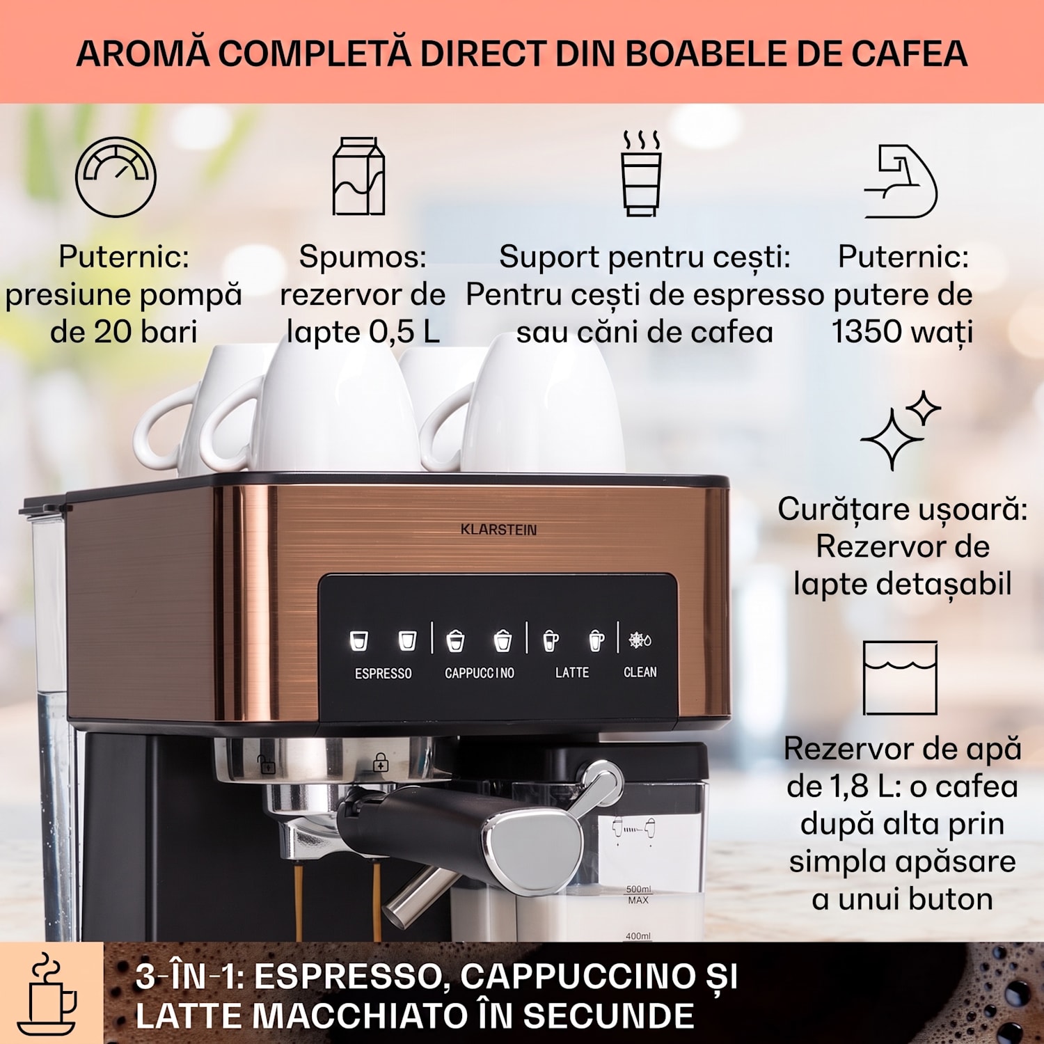 Mașină de cafea Arabica Comfort cu portafiltru, 1350W, 20 bar, 1,8 l, suprafață de control tactil Cupru metalic