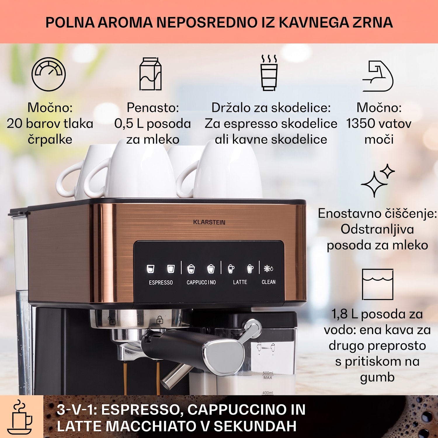 Arabica Comfort kavni aparat s porta filtrom, 1350W, 20 barov, 1,8l, nadzorna plošča na dotik Kovinski baker