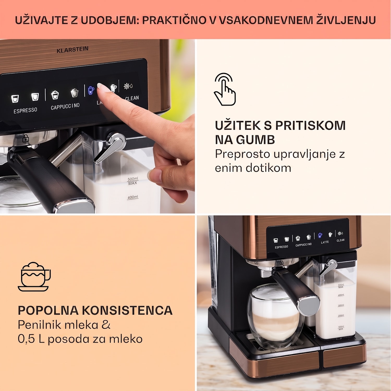 Arabica Comfort kavni aparat s porta filtrom, 1350W, 20 barov, 1,8l, nadzorna plošča na dotik Kovinski baker