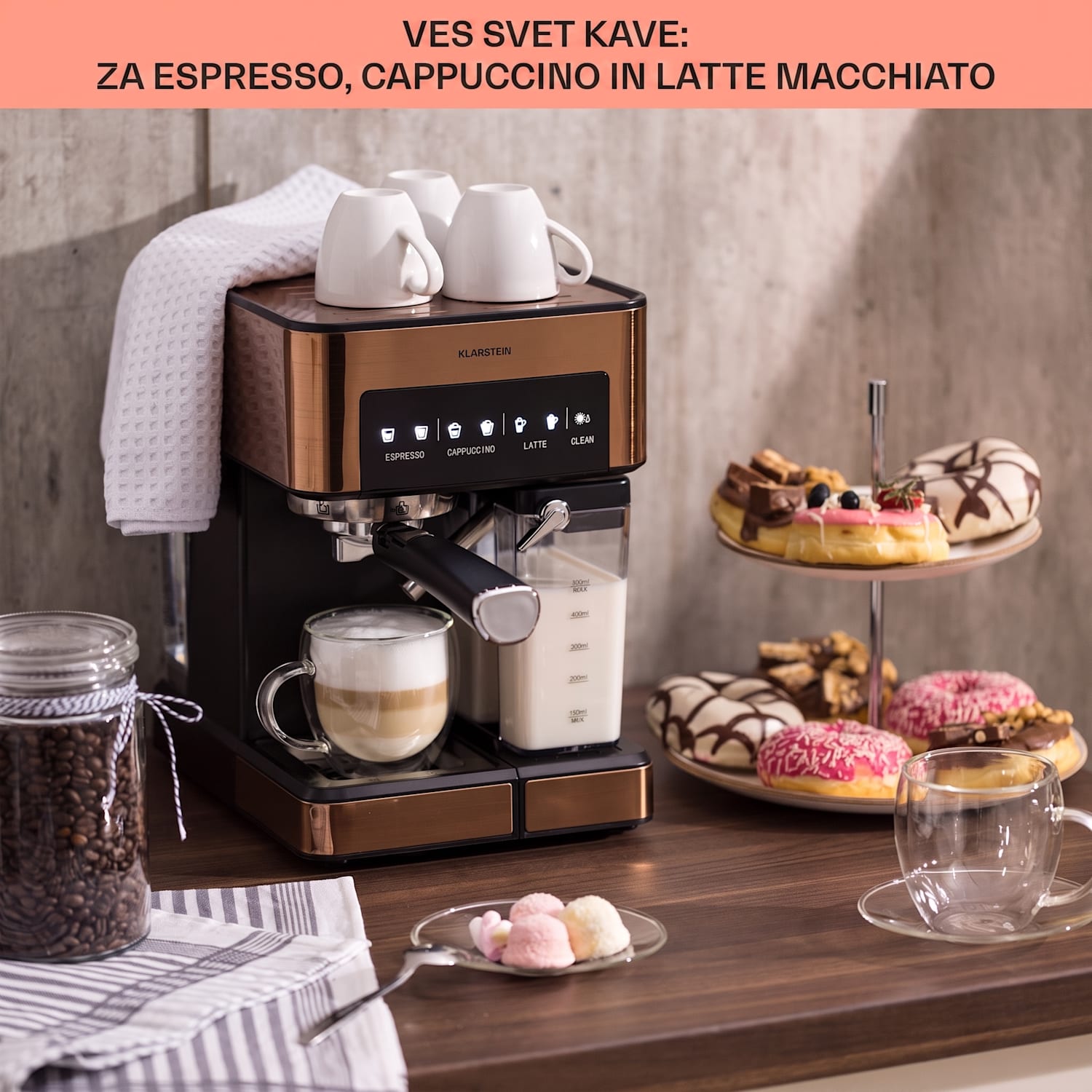 Arabica Comfort kavni aparat s porta filtrom, 1350W, 20 barov, 1,8l, nadzorna plošča na dotik Kovinski baker