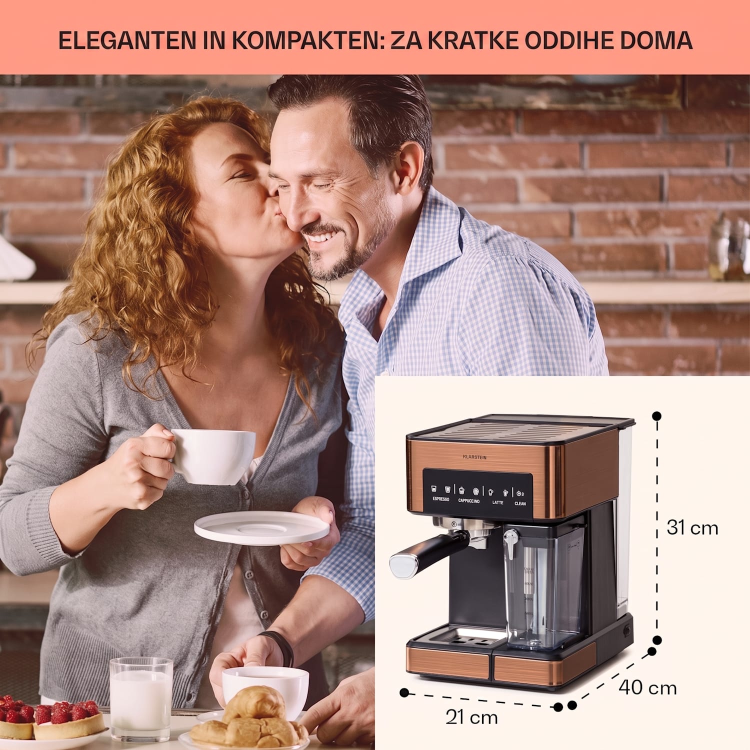 Arabica Comfort kavni aparat s porta filtrom, 1350W, 20 barov, 1,8l, nadzorna plošča na dotik Kovinski baker