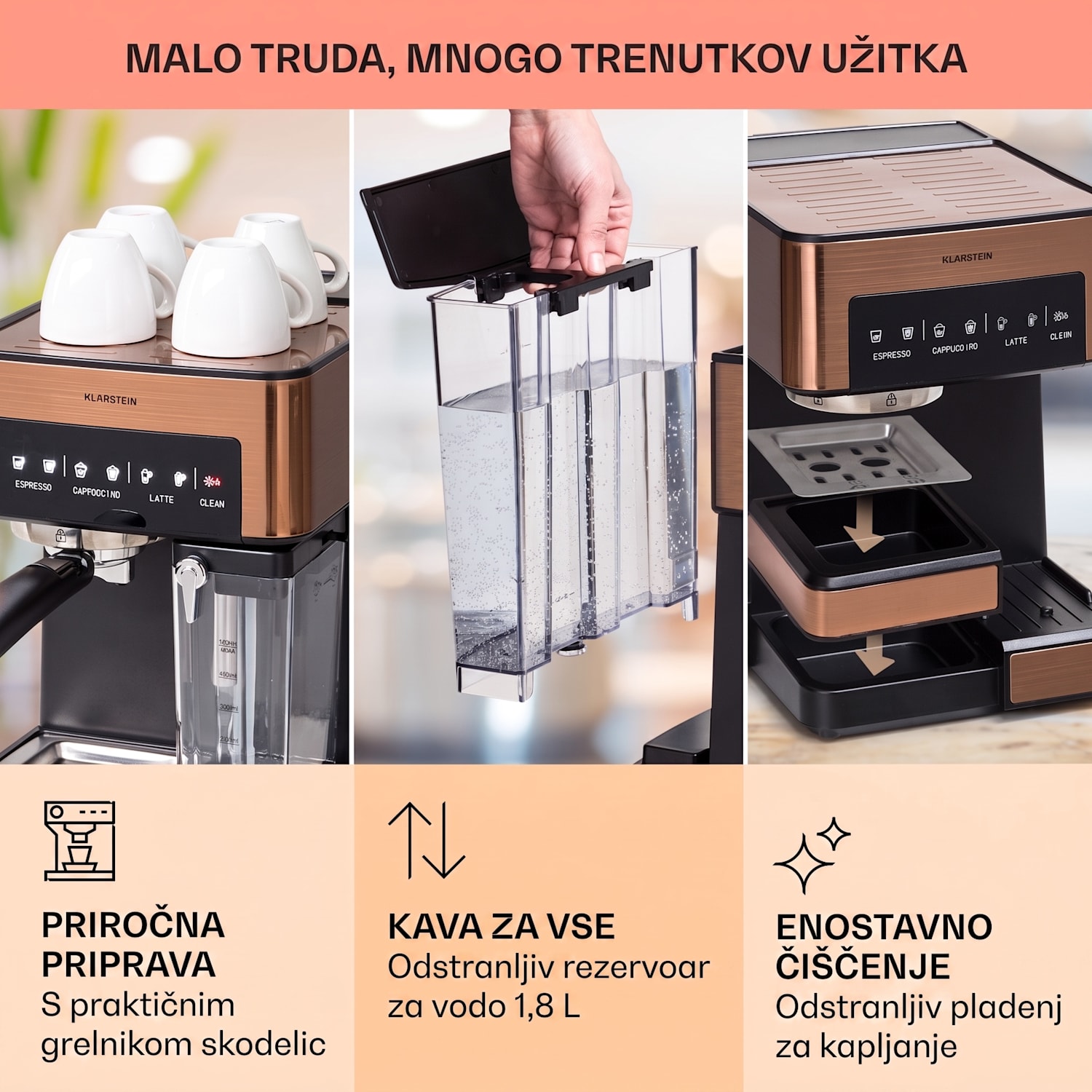 Arabica Comfort kavni aparat s porta filtrom, 1350W, 20 barov, 1,8l, nadzorna plošča na dotik Kovinski baker
