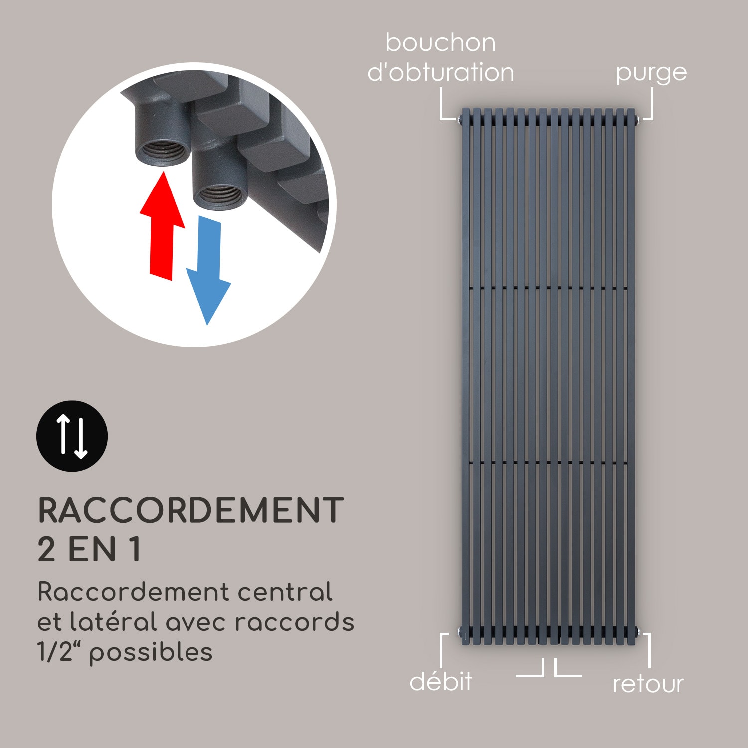 Delgado 180 x 60 radiateur sèche-serviettes tubulaire 1065 W eau chaude 1/2 180 x 60 cm | Anthracite