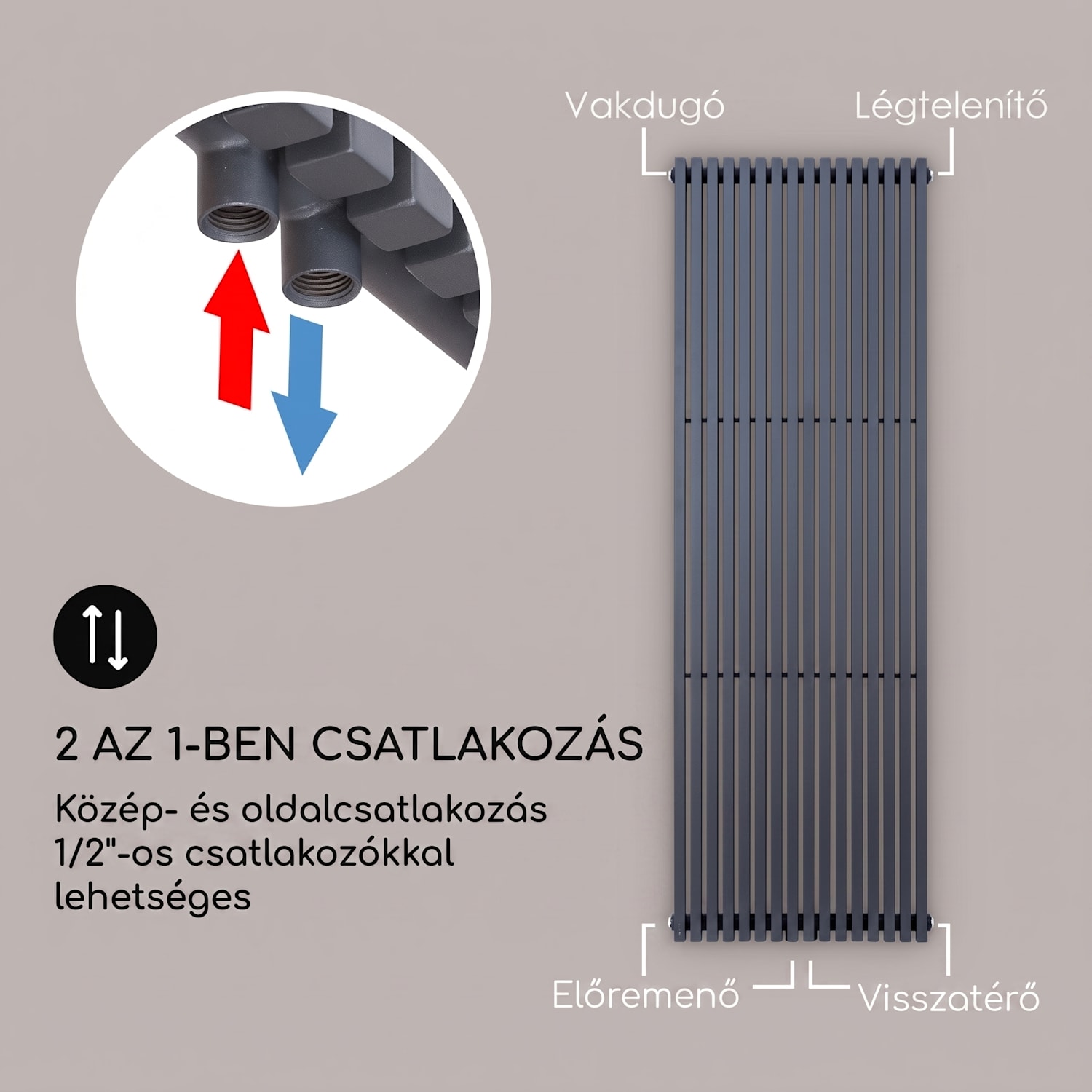 Delgado, radiátor, 180 x 60, 1065 W, fürdőszoba radiátor, csöves radiátor, meleg víz, 1/2 180 x 60 cm | Antracit