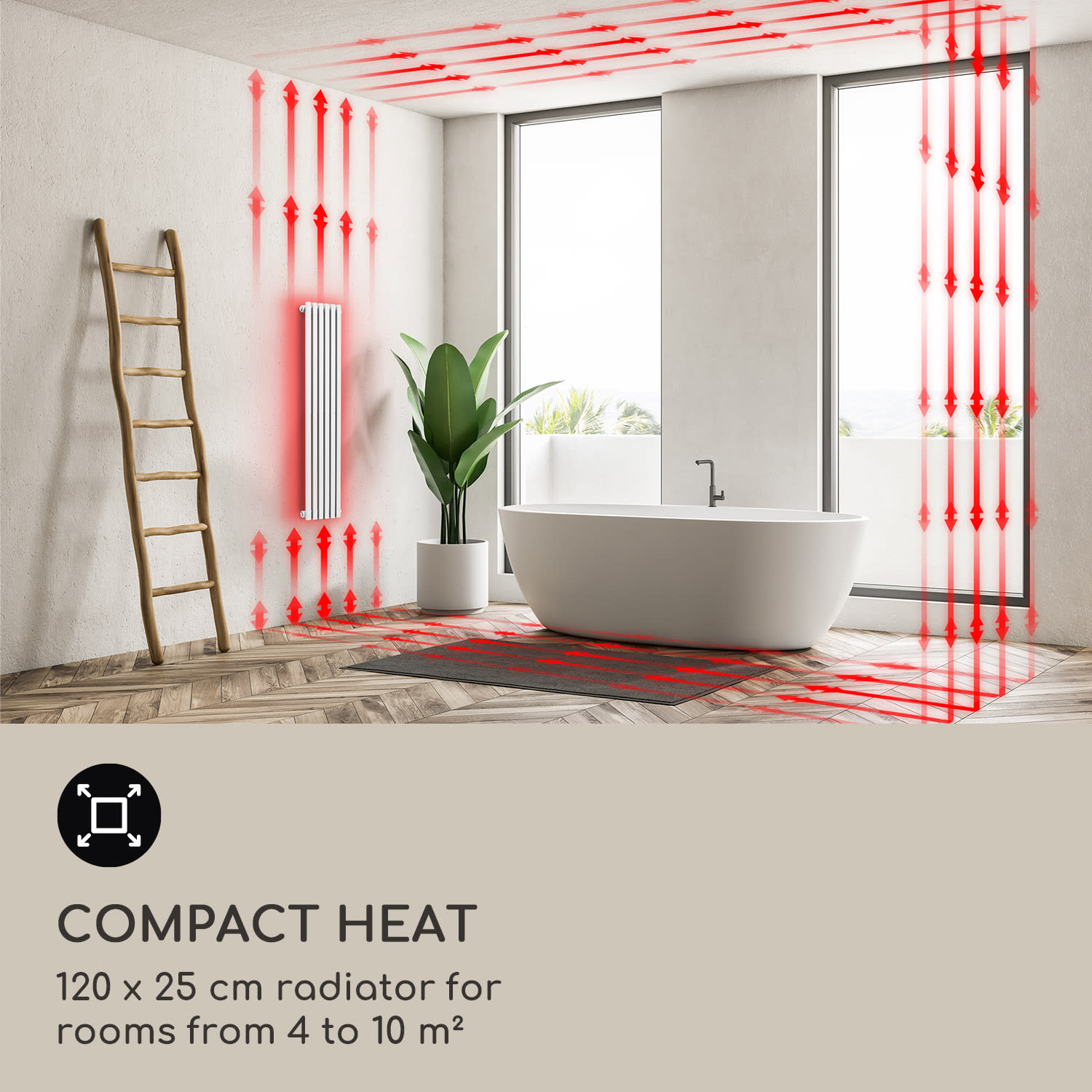 Delgado, 120 x 25, radiátor, kúpeľňový radiátor, rúrkový radiátor, 508W, teplá voda, 1/2 120 x 25 cm | Biela