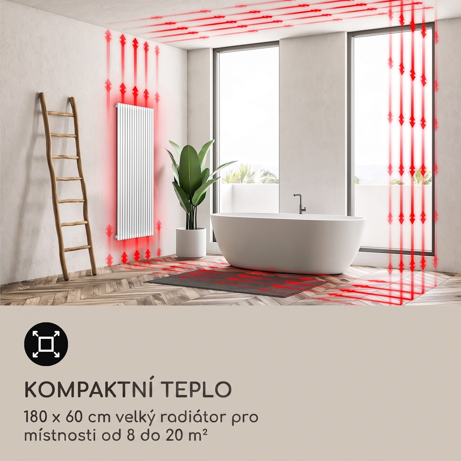 Delgado, radiátor, 180 x 60 cm, 1065 W, koupelnový radiátor, trubkový radiátor, teplovodní, 1/2" 180 x 60 cm | Bílá
