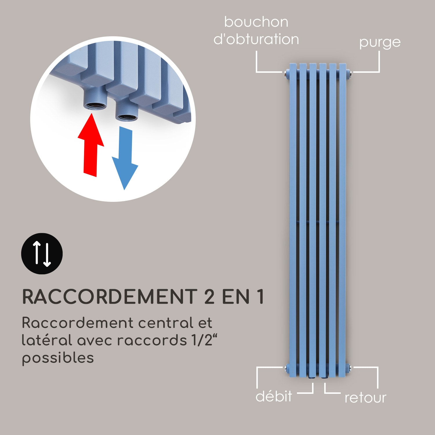 Delgado 120 x 25 radiateur sèche-serviettes tubulaire 508 W eau chaude 1/2 120 x 25 cm | Bleu Cendré