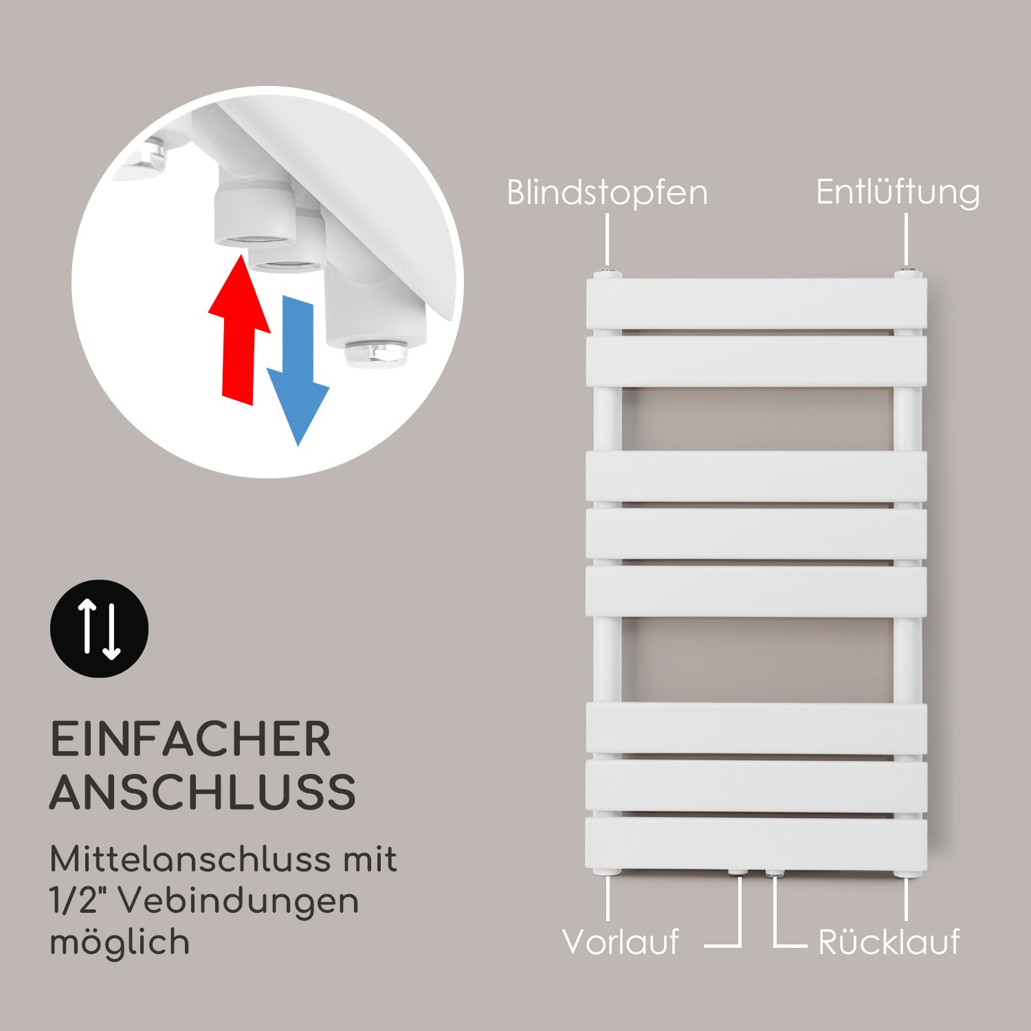 Fairmont 80 x 45 Heizkörper 375W Warmwasser 3 Handtuchhalter 1/2 45 x 80 cm | Weiß