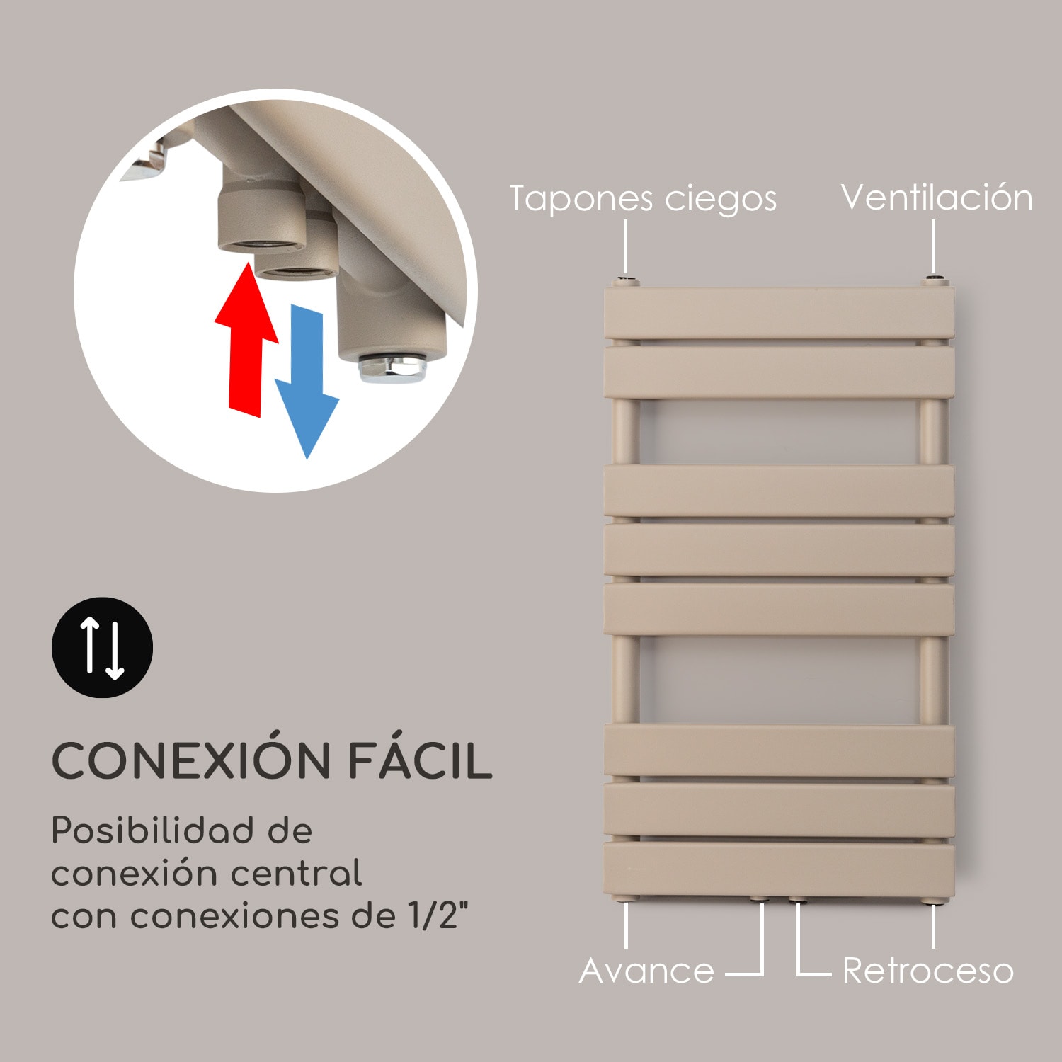Fairmont 80 x 45 radiador 375W agua caliente 3 toalleros 1/2 45 x 80 cm | Arena