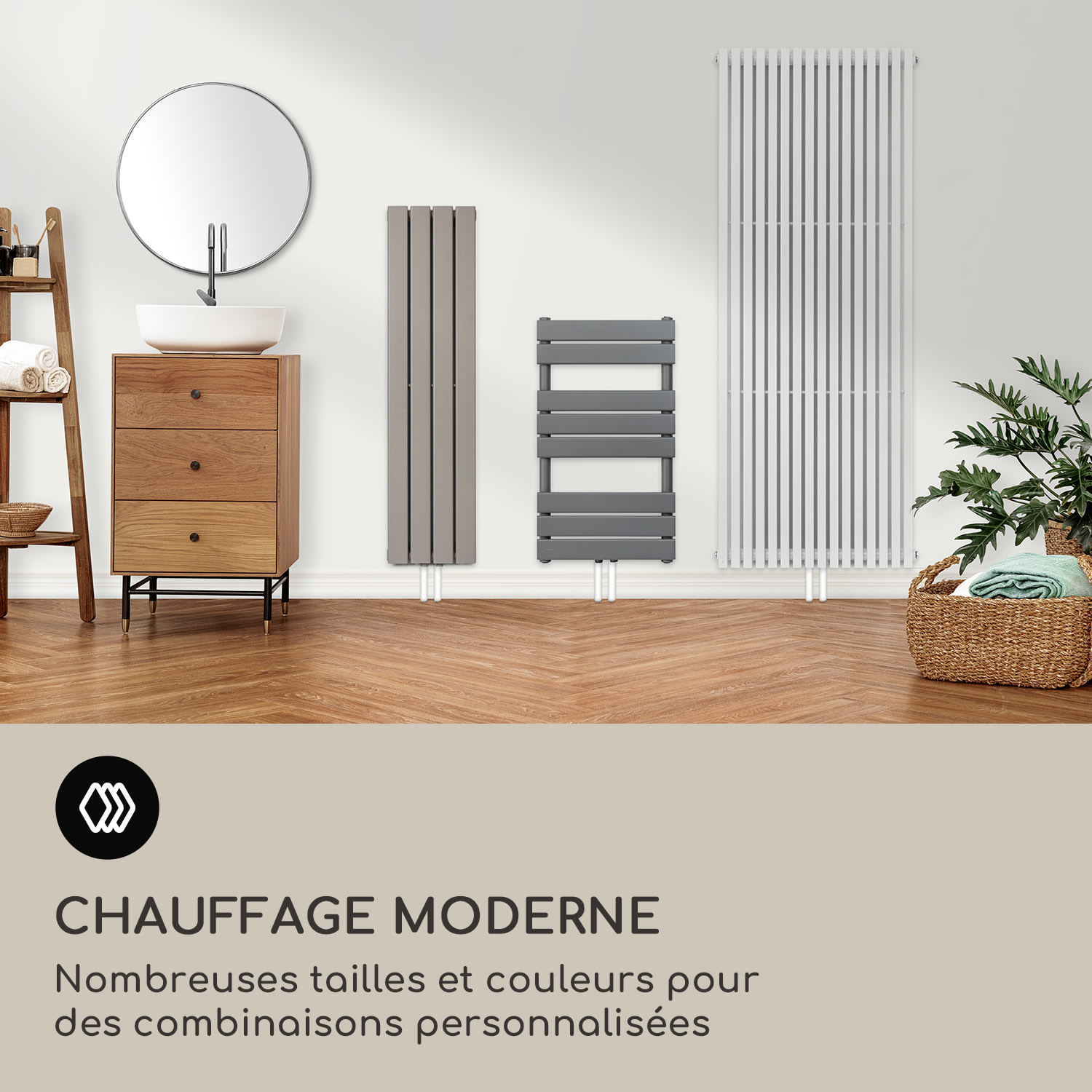 Fairmont 80 x 45 Radiateur 375W Eau chaude 3 porte-serviettes 1/2 45 x 80 cm | Sable