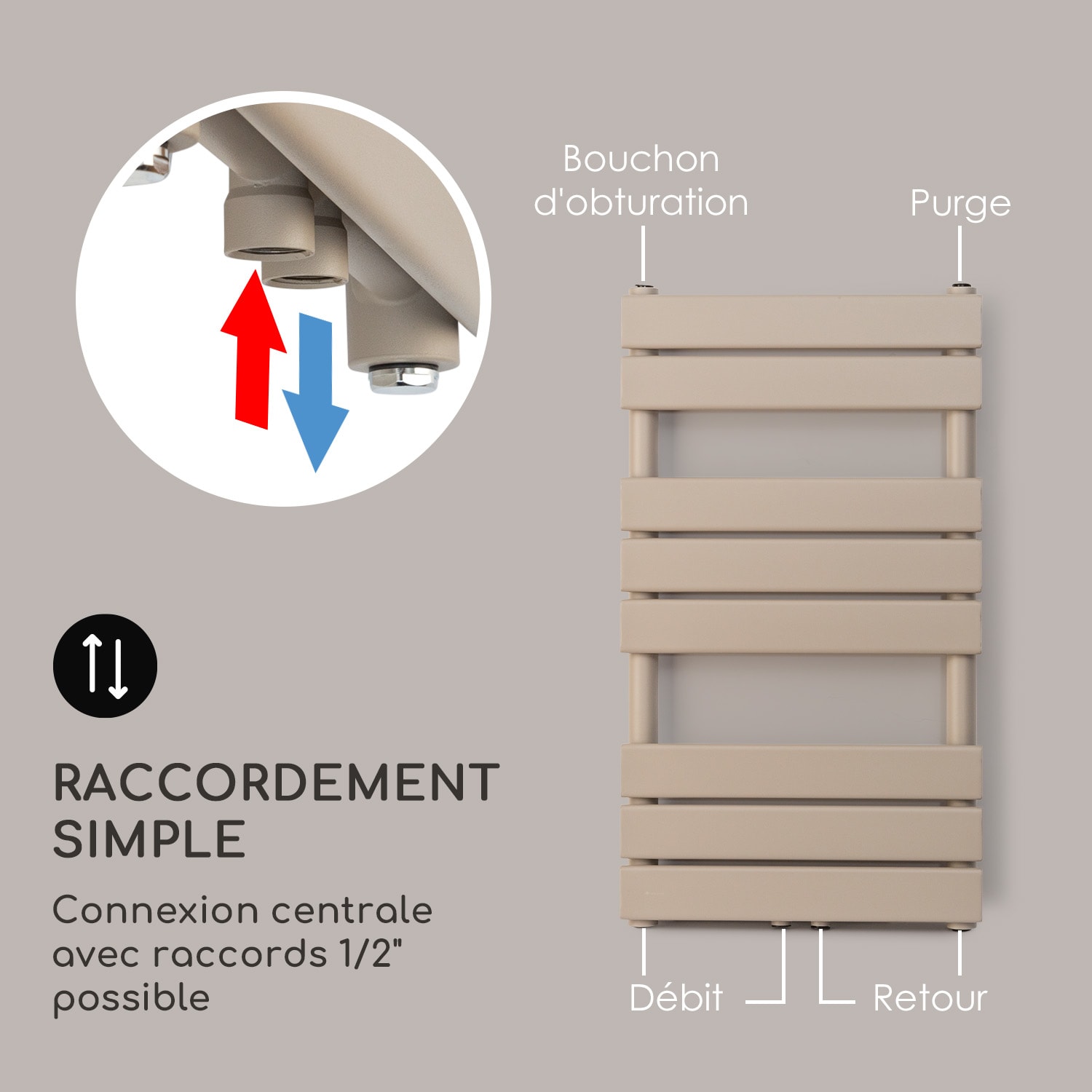 Fairmont 80 x 45 Radiateur 375W Eau chaude 3 porte-serviettes 1/2 45 x 80 cm | Sable
