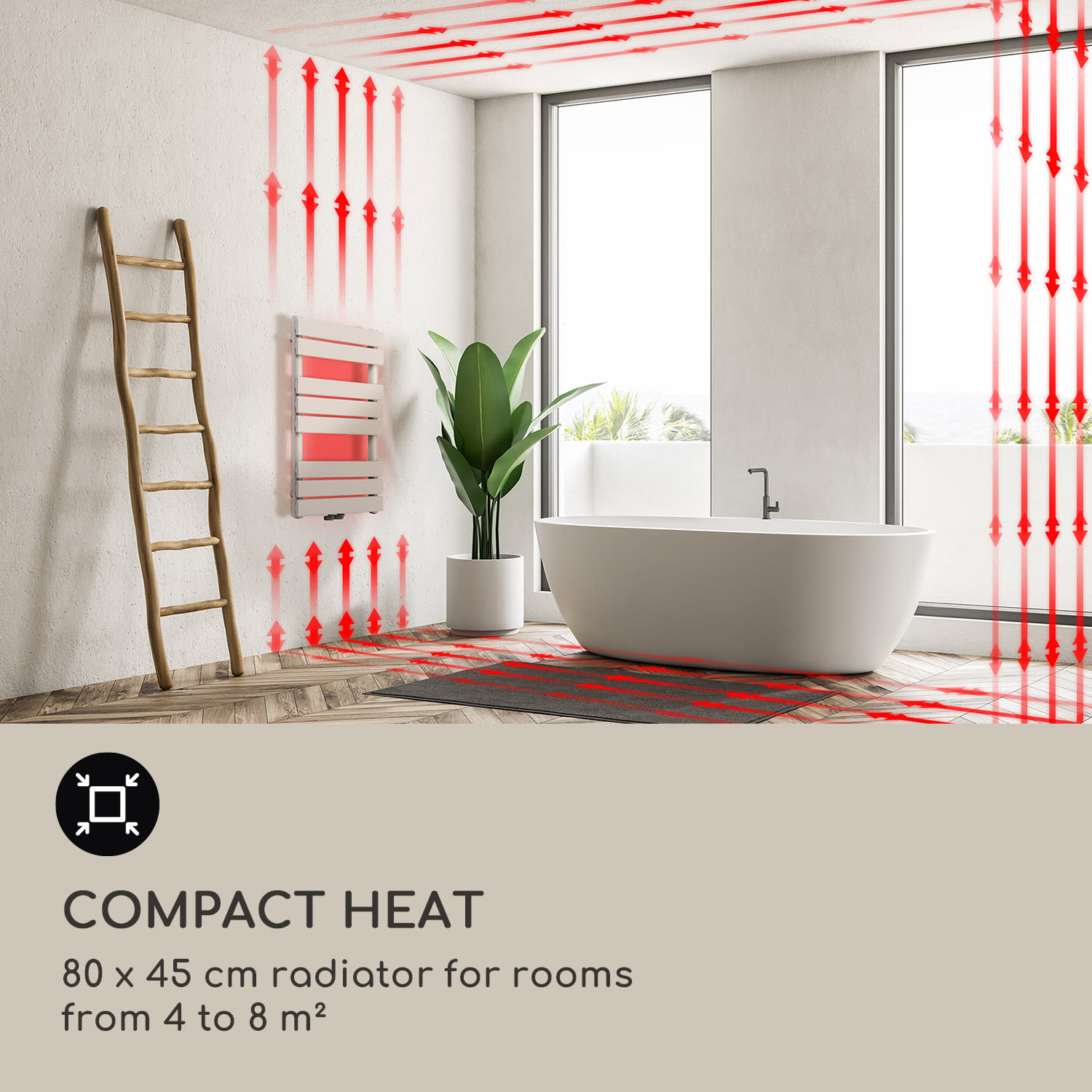 Fairmont, grzejnik łazienkowy, 80 x 45 cm, 375 W, ciepła woda, 3 uchwyty na ręczniki, 1/2 45 x 80 cm | Piasek