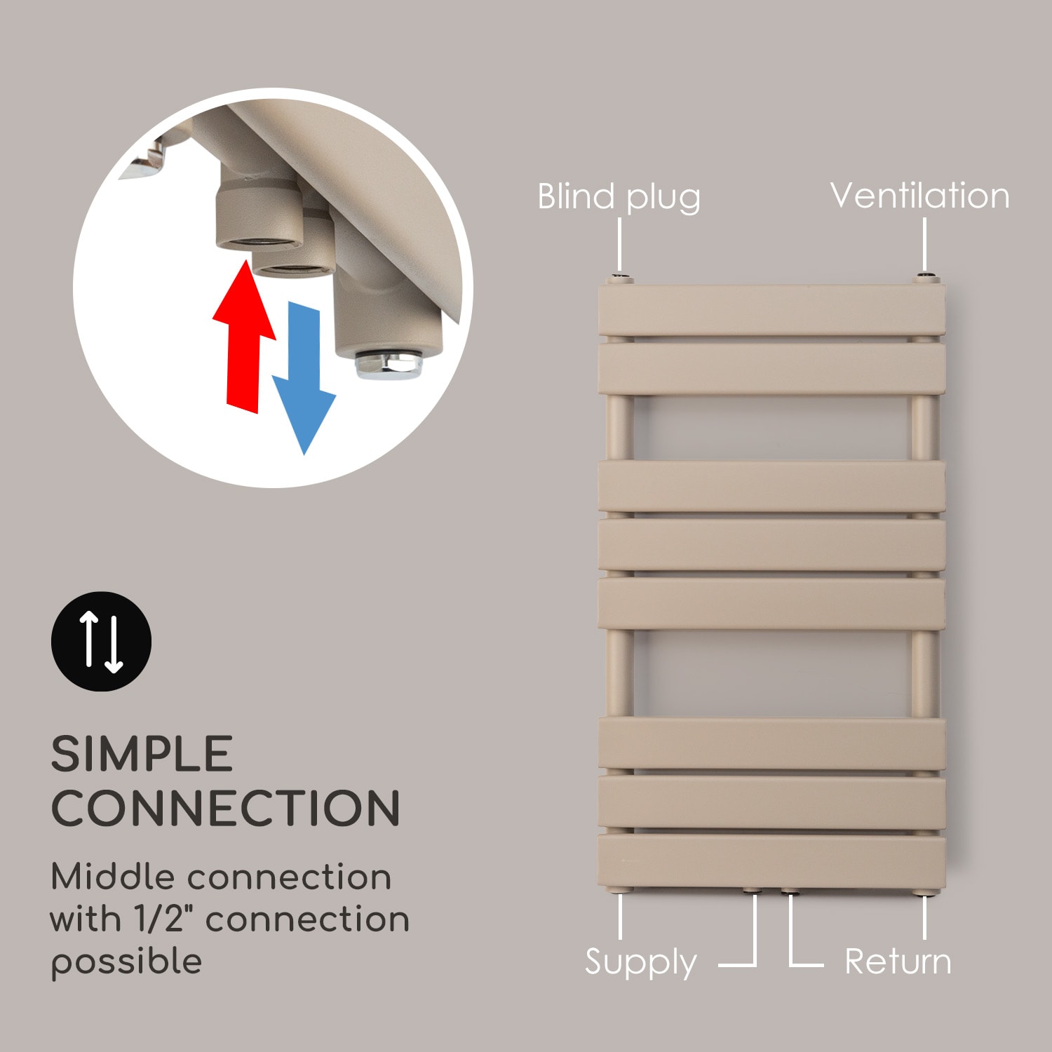 Fairmont, grzejnik łazienkowy, 80 x 45 cm, 375 W, ciepła woda, 3 uchwyty na ręczniki, 1/2 45 x 80 cm | Piasek
