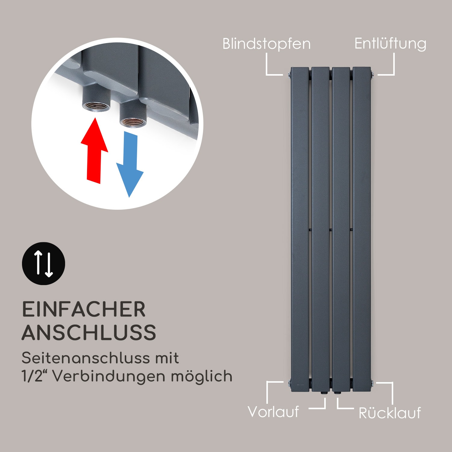 Ontario 120 x 30 Heizkörper 1/2" Seitenanschluss Wandinstallation 380 Watt   30 x 120 cm | einreihig | Anthrazit