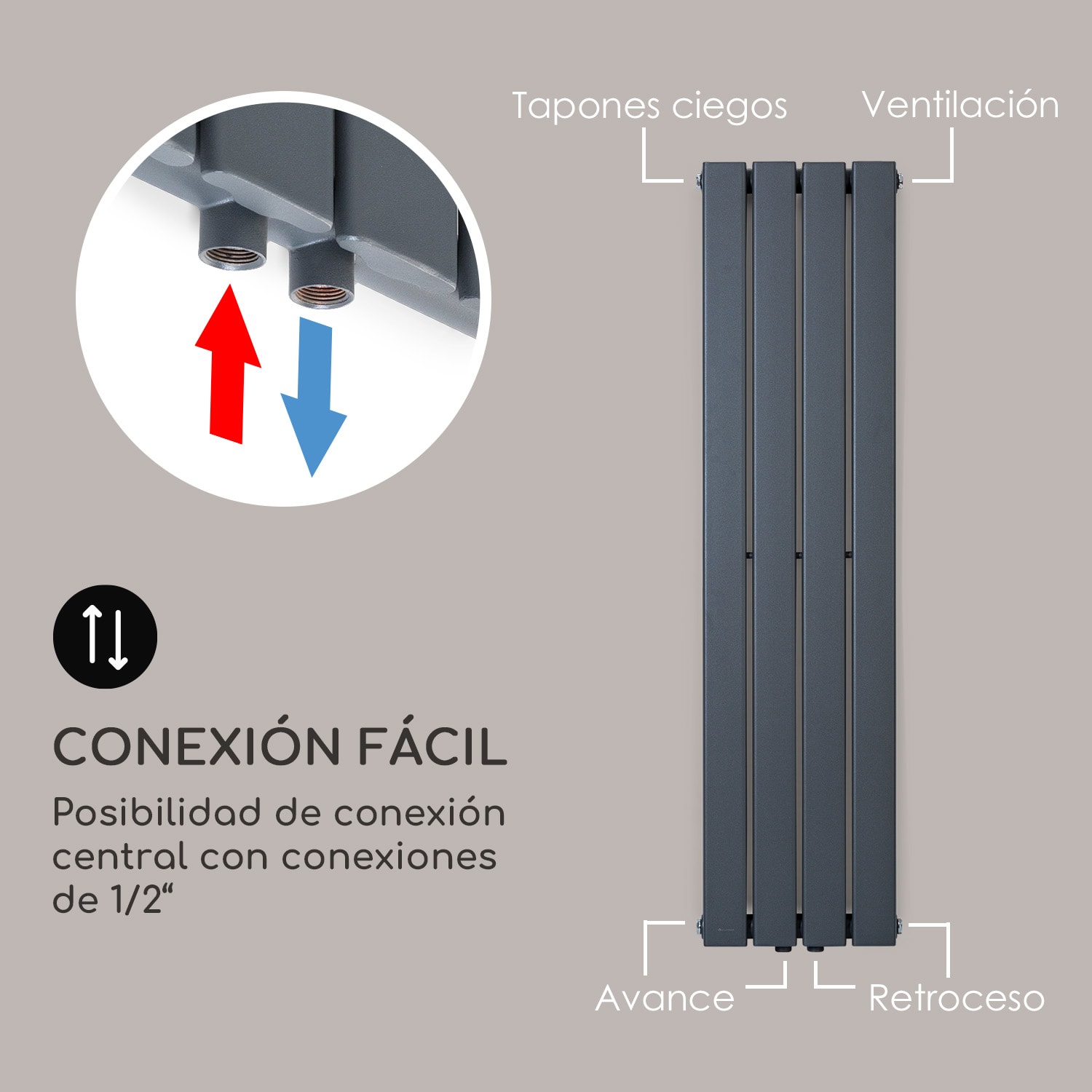Radiador Ontario 120 x 30 1/2" conexión lateral instalación en pared 380 vatios 30 x 120 cm | una sola fila | Antracita