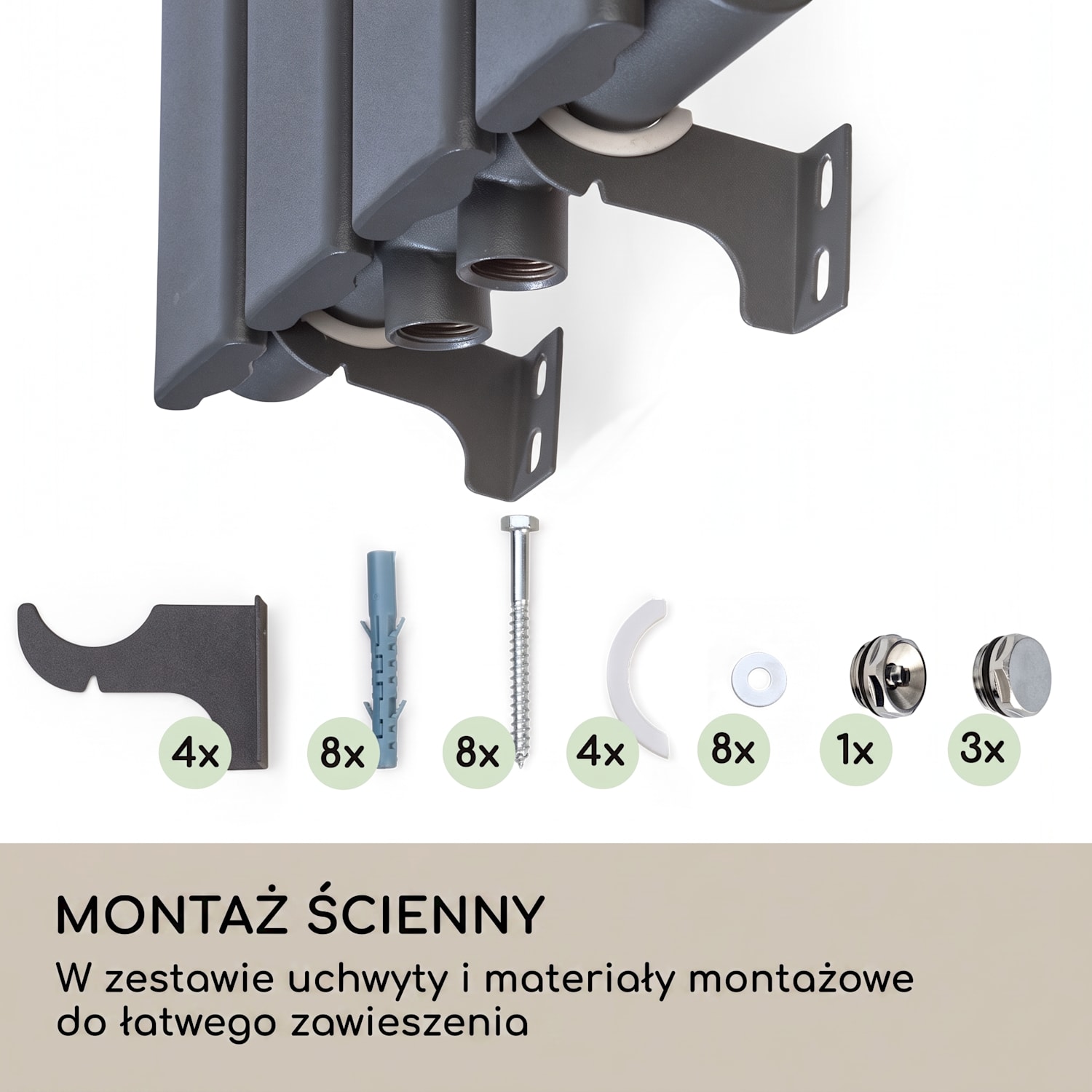 Ontario, grzejnik łazienkowy, 120 x 30 cm, podłączenie boczne 1/2", montaz ścienny, 380 W 30 x 120 cm | jedna linia | Antracyt