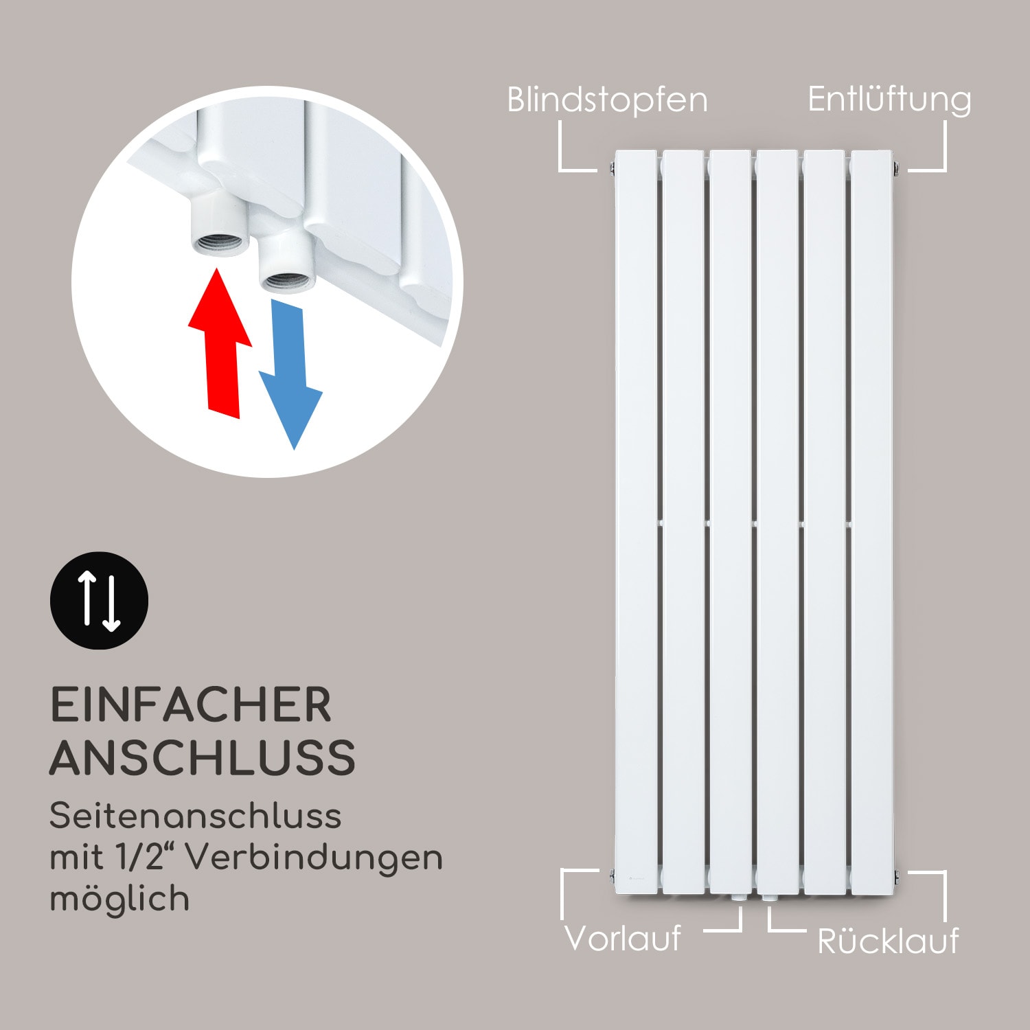 Ontario 120x45 Heizkörper 1/2" Seitenanschluss Wandinstallation 485 W 45 x 120 cm | einreihig | Weiß