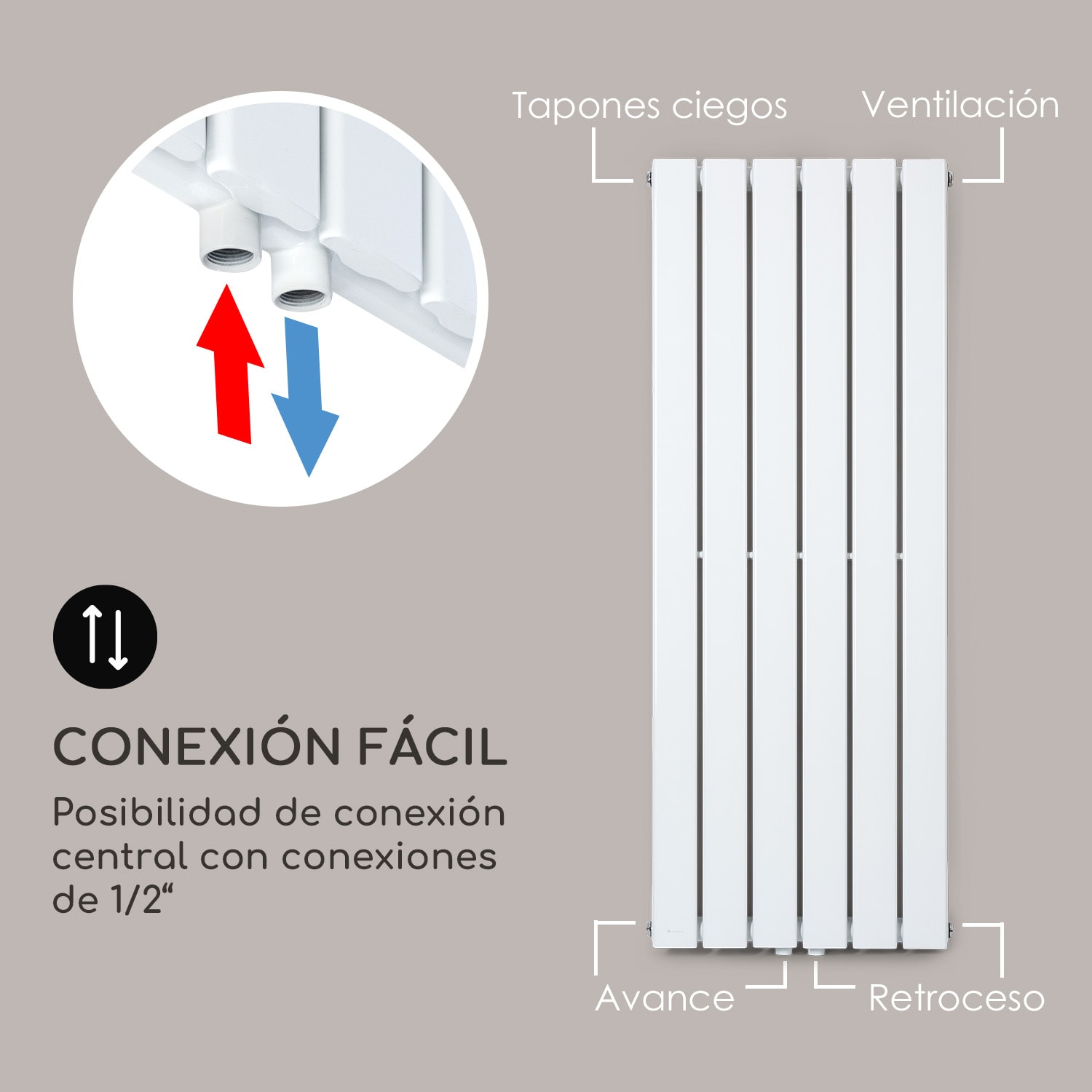 Radiador Ontario 120x45 1/2" conexión lateral instalación en pared 485 W 45 x 120 cm | una sola fila | Blanco
