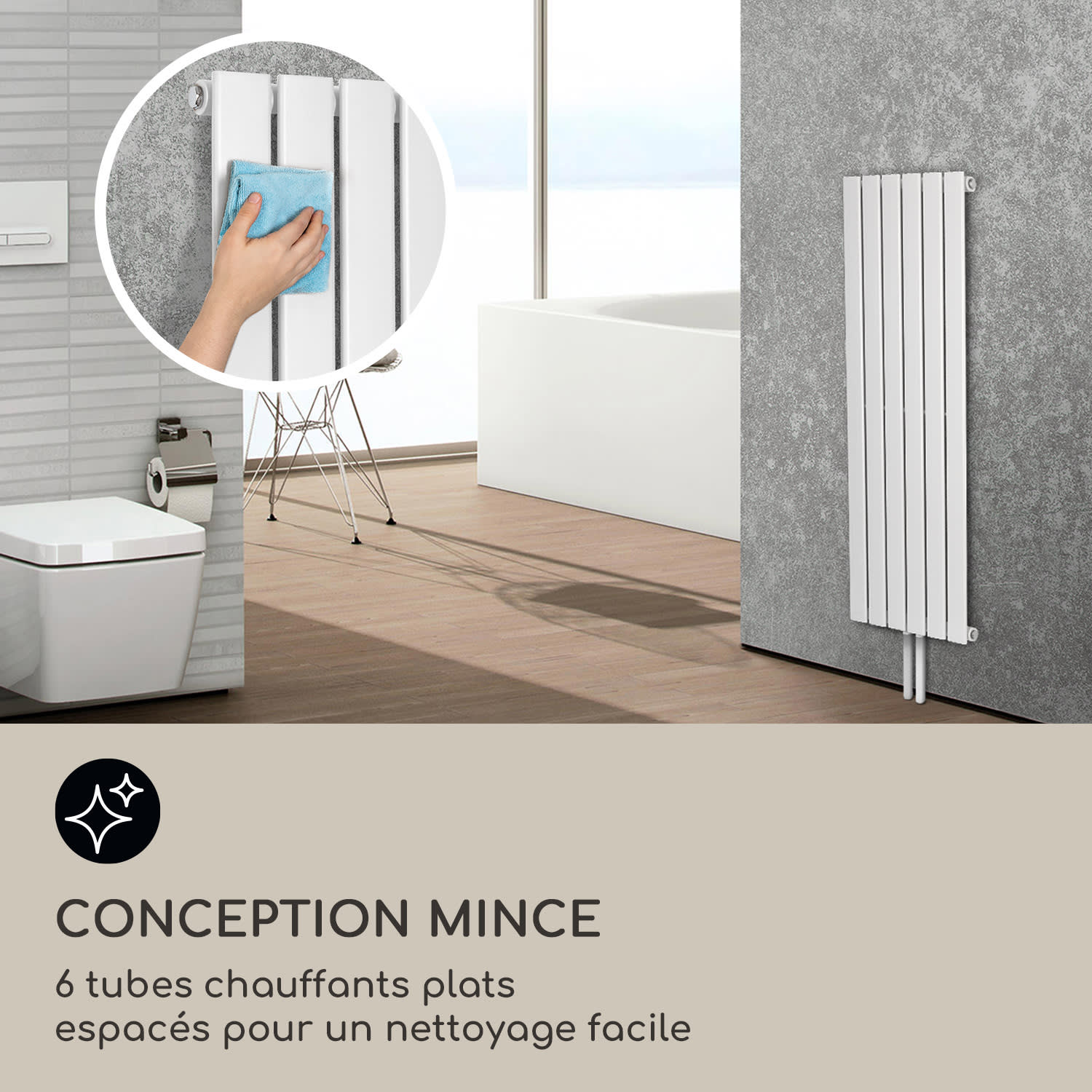 Radiateur Ontario 120x45 1/2" avec raccord latéral, installation murale 485 W 45 x 120 cm | une seule rangée | Blanc