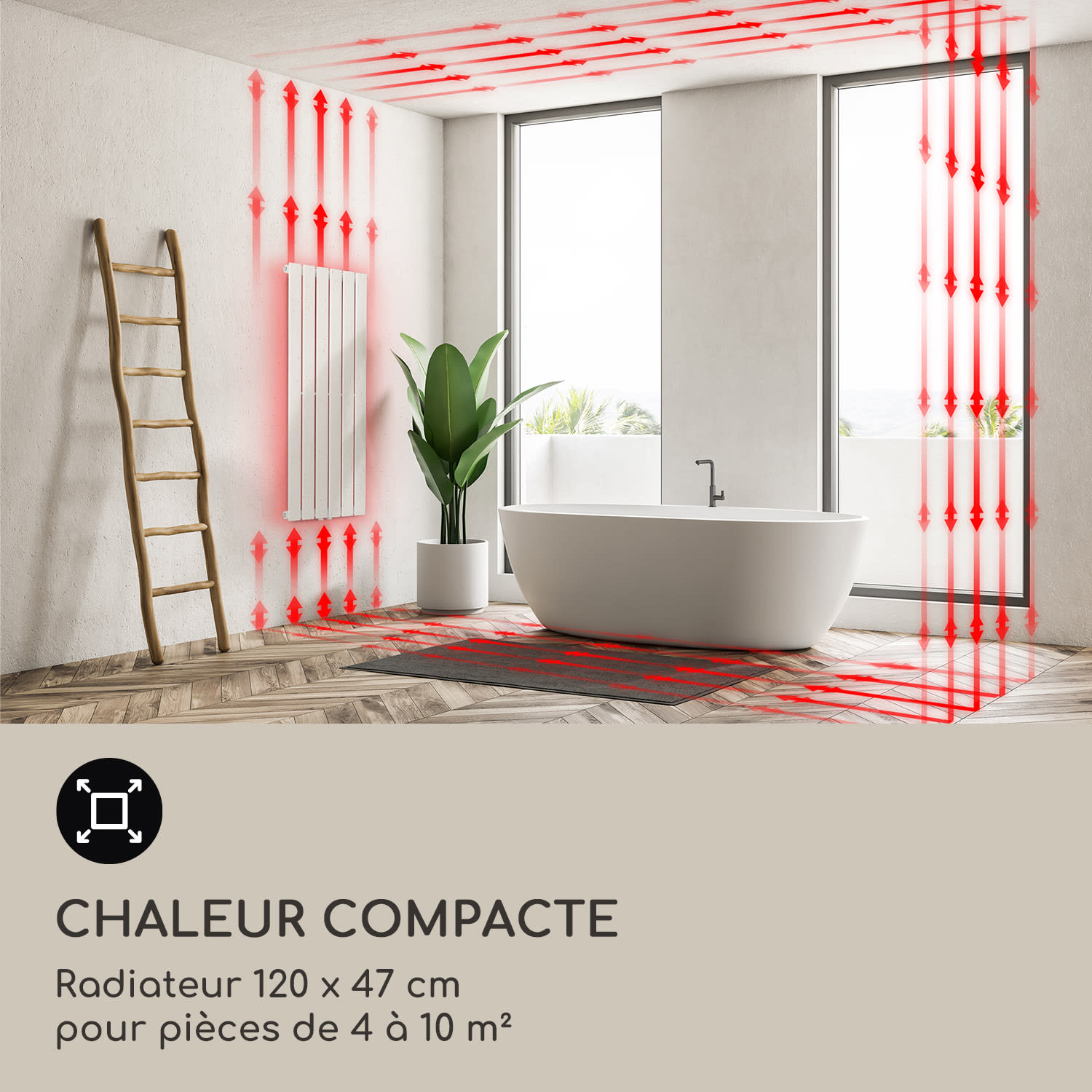 Radiateur Ontario 120x45 1/2" avec raccord latéral, installation murale 485 W 45 x 120 cm | une seule rangée | Blanc