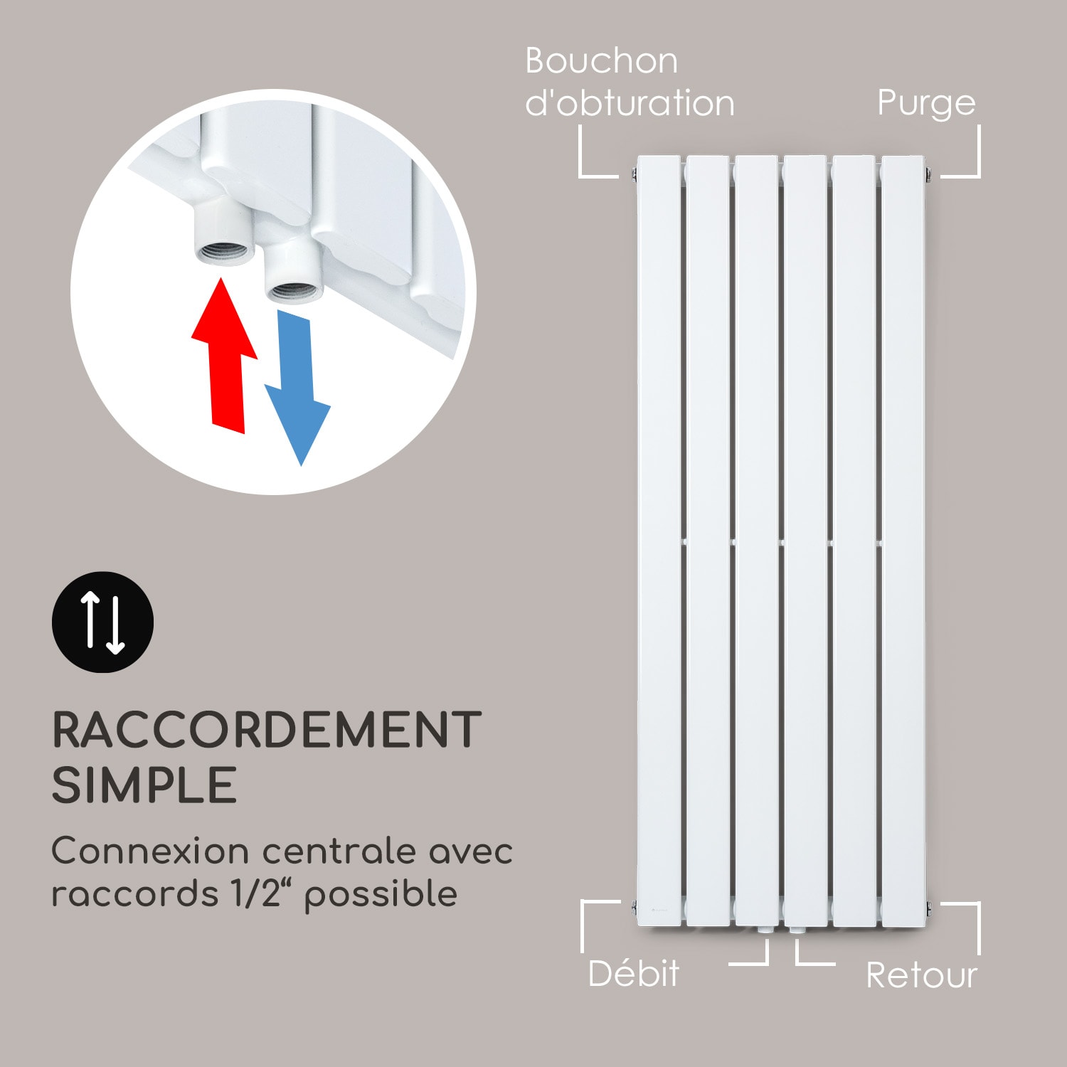 Radiateur Ontario 120x45 1/2" avec raccord latéral, installation murale 485 W 45 x 120 cm | une seule rangée | Blanc