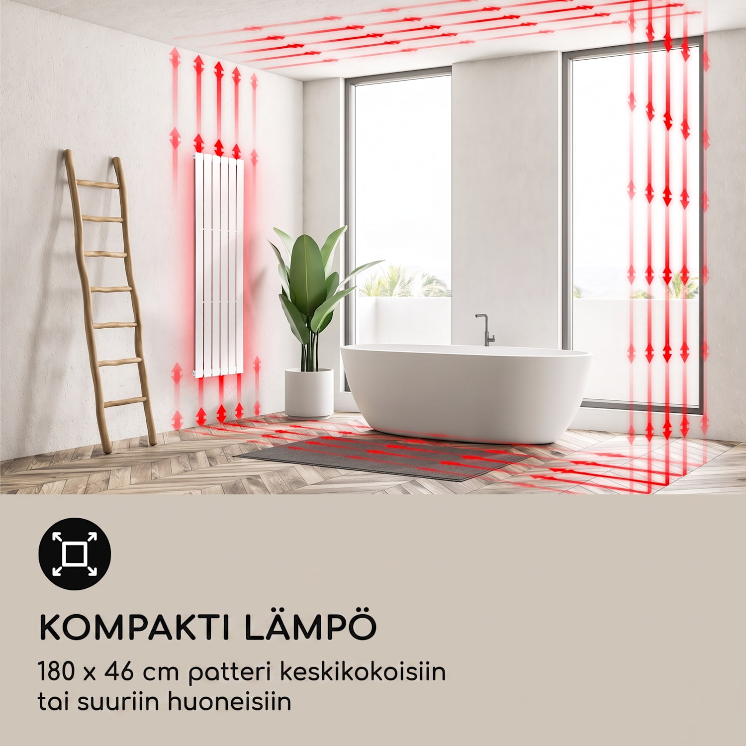 Ontario 180 x 45 patteri 1/2" sivuliitäntä seinäasennus ohut 485 wattia 45 x 180 cm | yksi rivi | Valkoinen