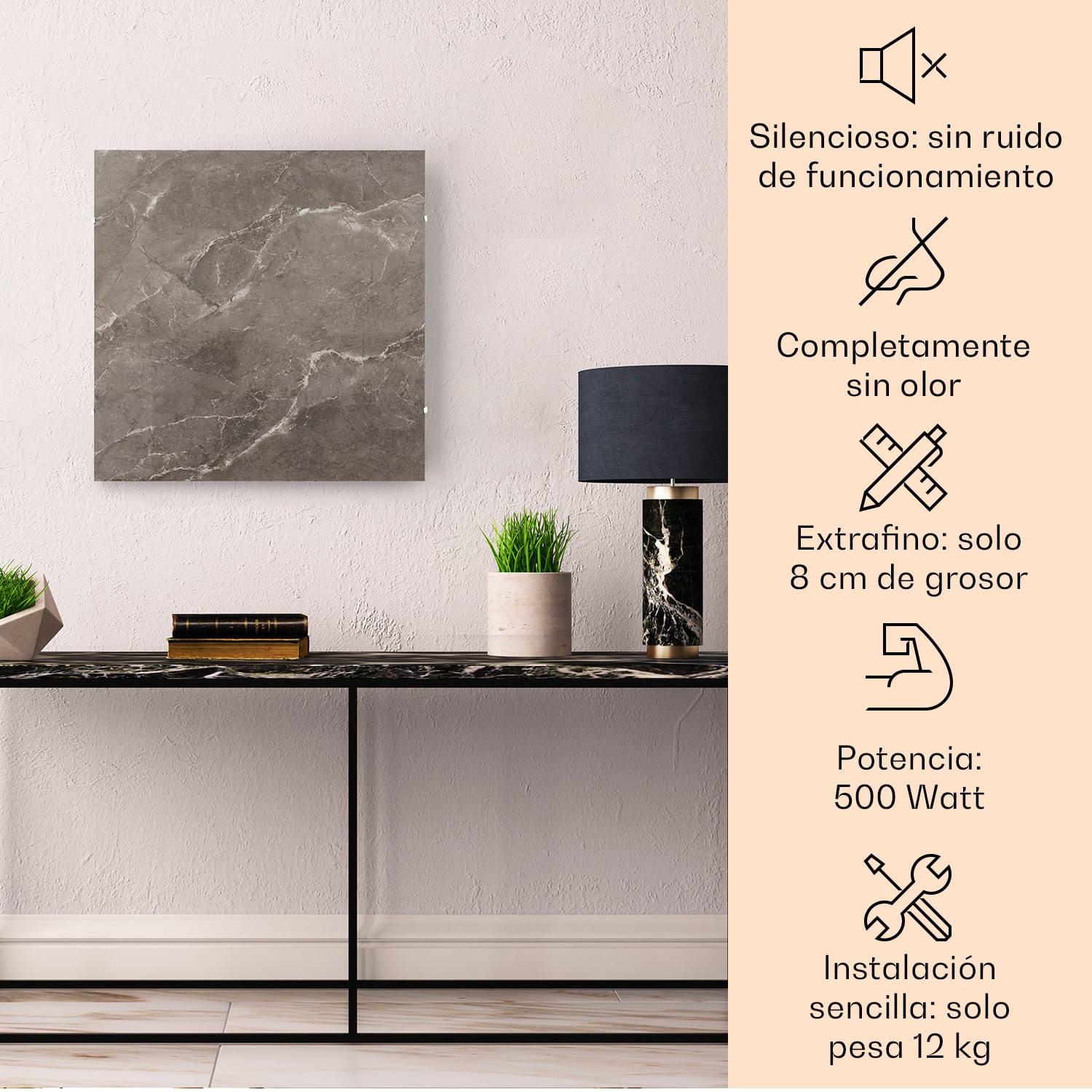 Calentador infrarrojo Santorini Smart 60cm 500 W Temporizador semanal IP24 60 x 60 cm | Mármol de Breccia Gris