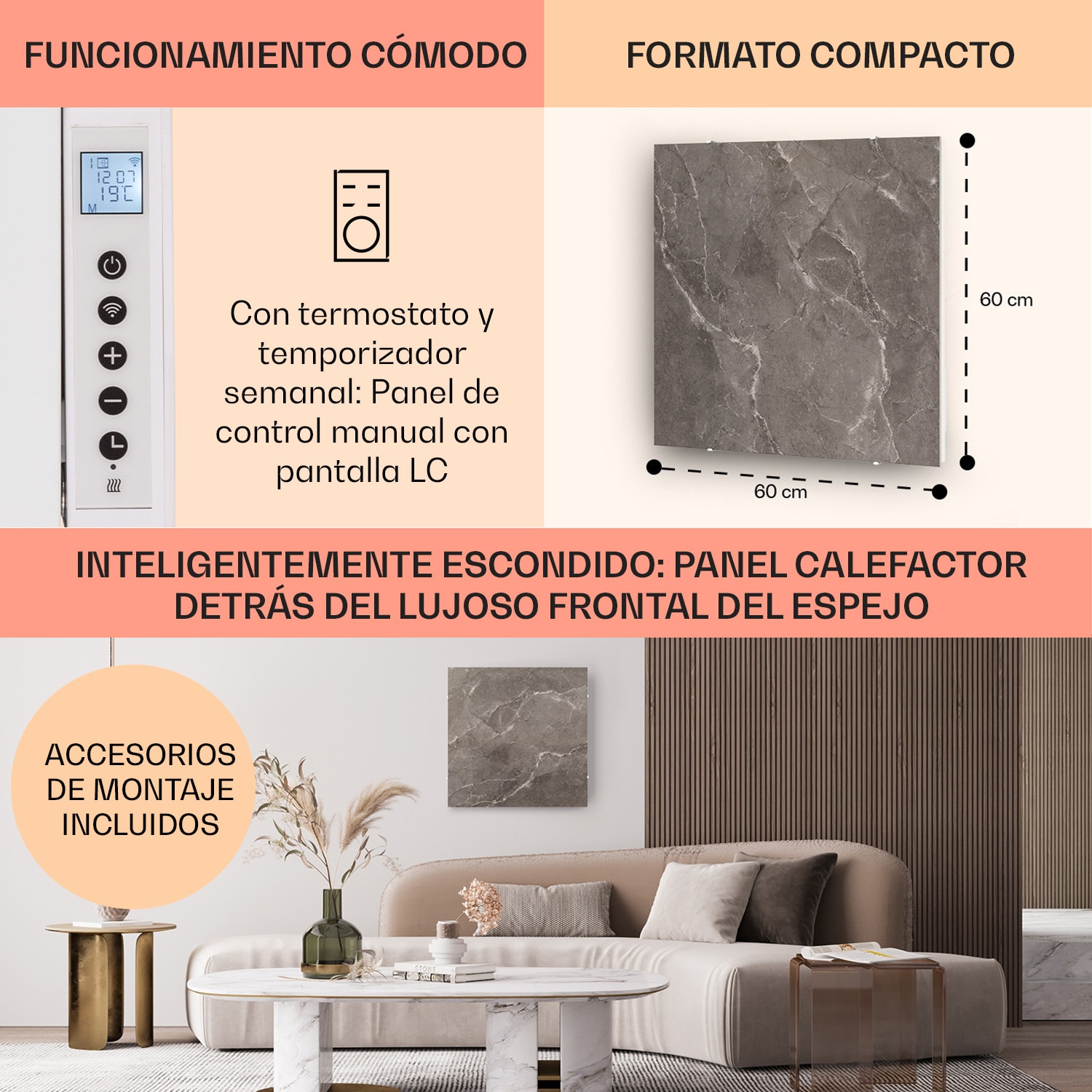 Calentador infrarrojo Santorini Smart 60cm 500 W Temporizador semanal IP24 60 x 60 cm | Mármol de Breccia Gris