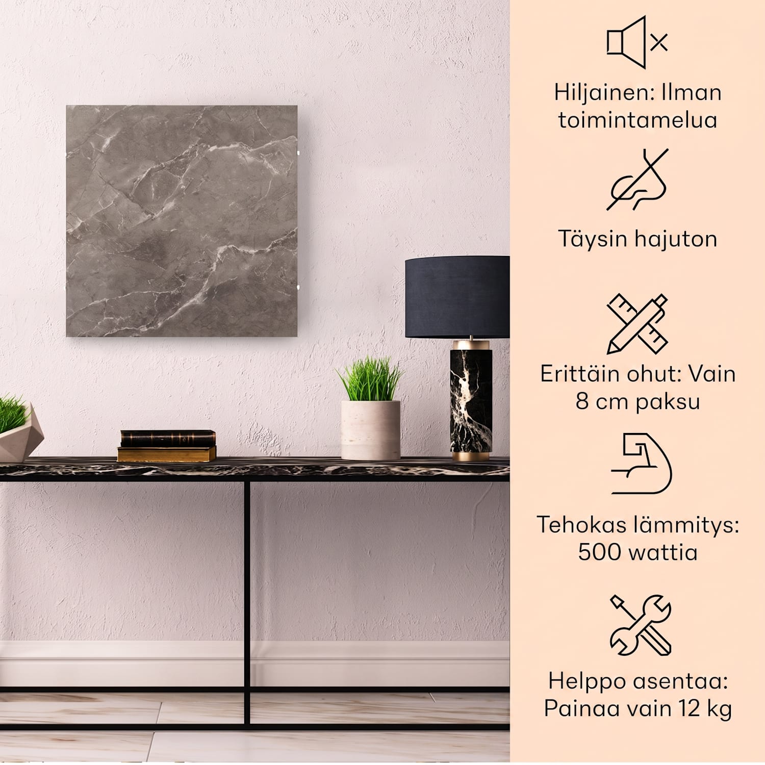 Santorini Smart -infrapunalämmitin 60x60cm 500W viikkoajastin IP24 60 x 60 cm | Harmaa Breksiamarmori