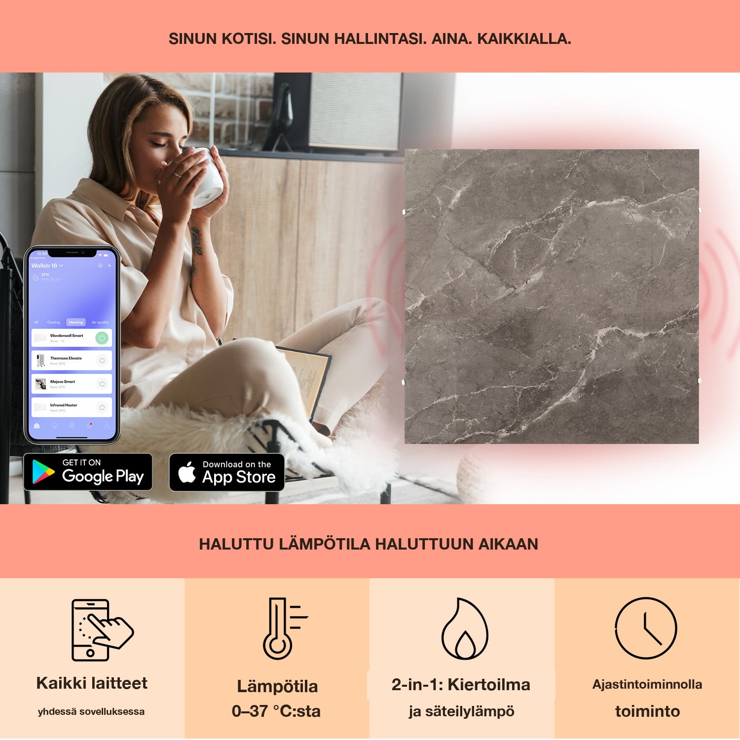 Santorini Smart -infrapunalämmitin 60x60cm 500W viikkoajastin IP24 60 x 60 cm | Harmaa Breksiamarmori