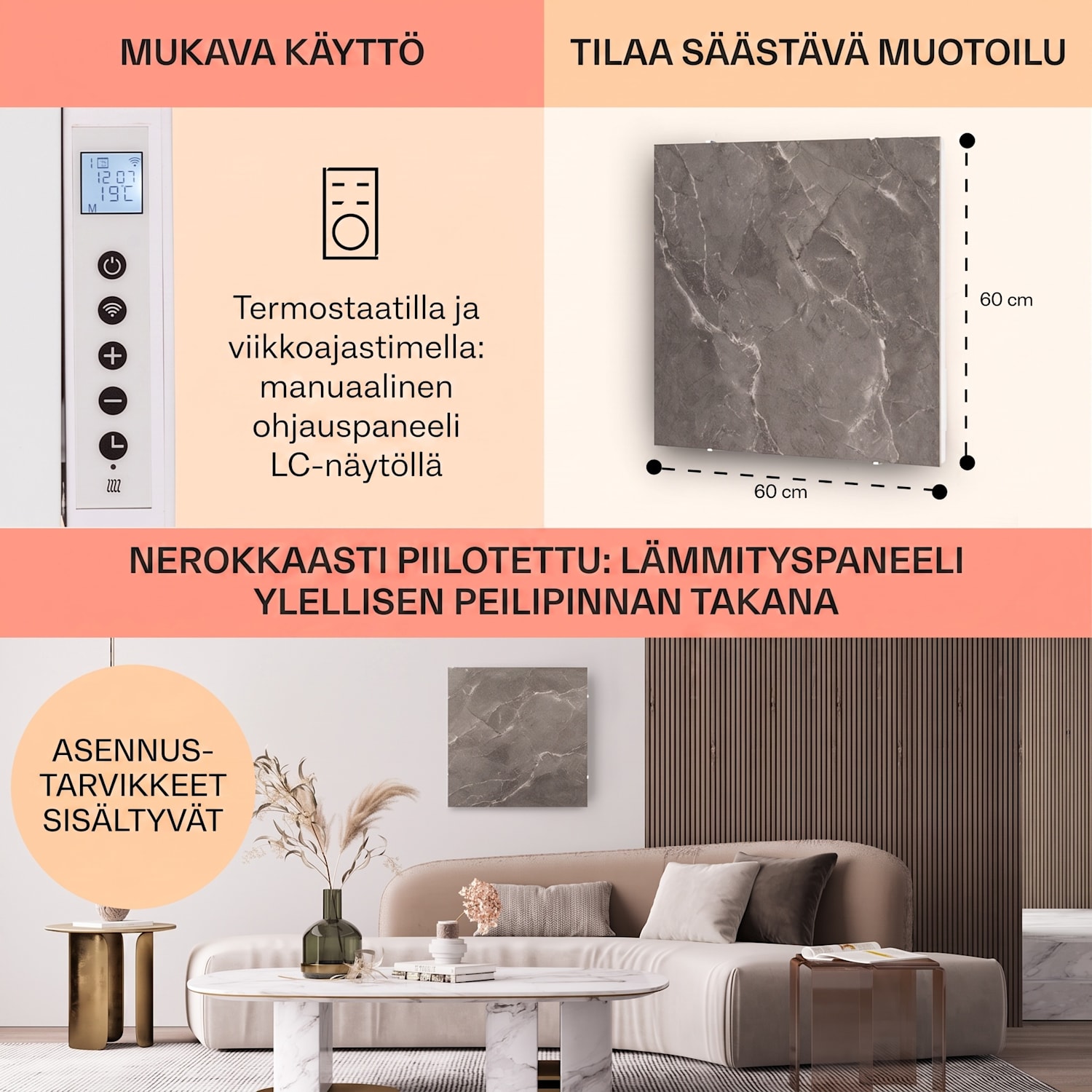 Santorini Smart -infrapunalämmitin 60x60cm 500W viikkoajastin IP24 60 x 60 cm | Harmaa Breksiamarmori
