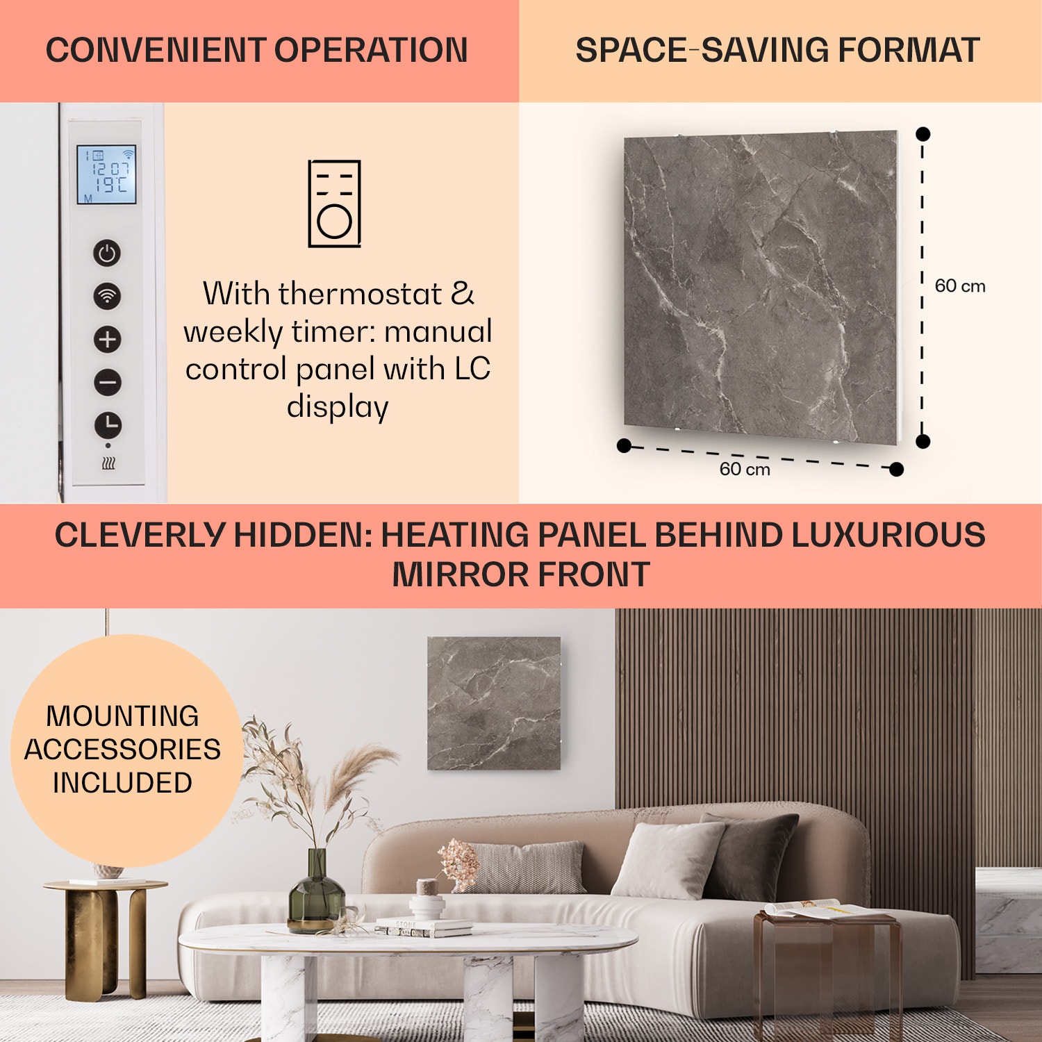 Wonderwall Santorini Smart, infračervený ohrievač, 60 x 60 cm, 500 W, týždenný časovač, IP24 60 x 60 cm | Sivý mramor Breccia