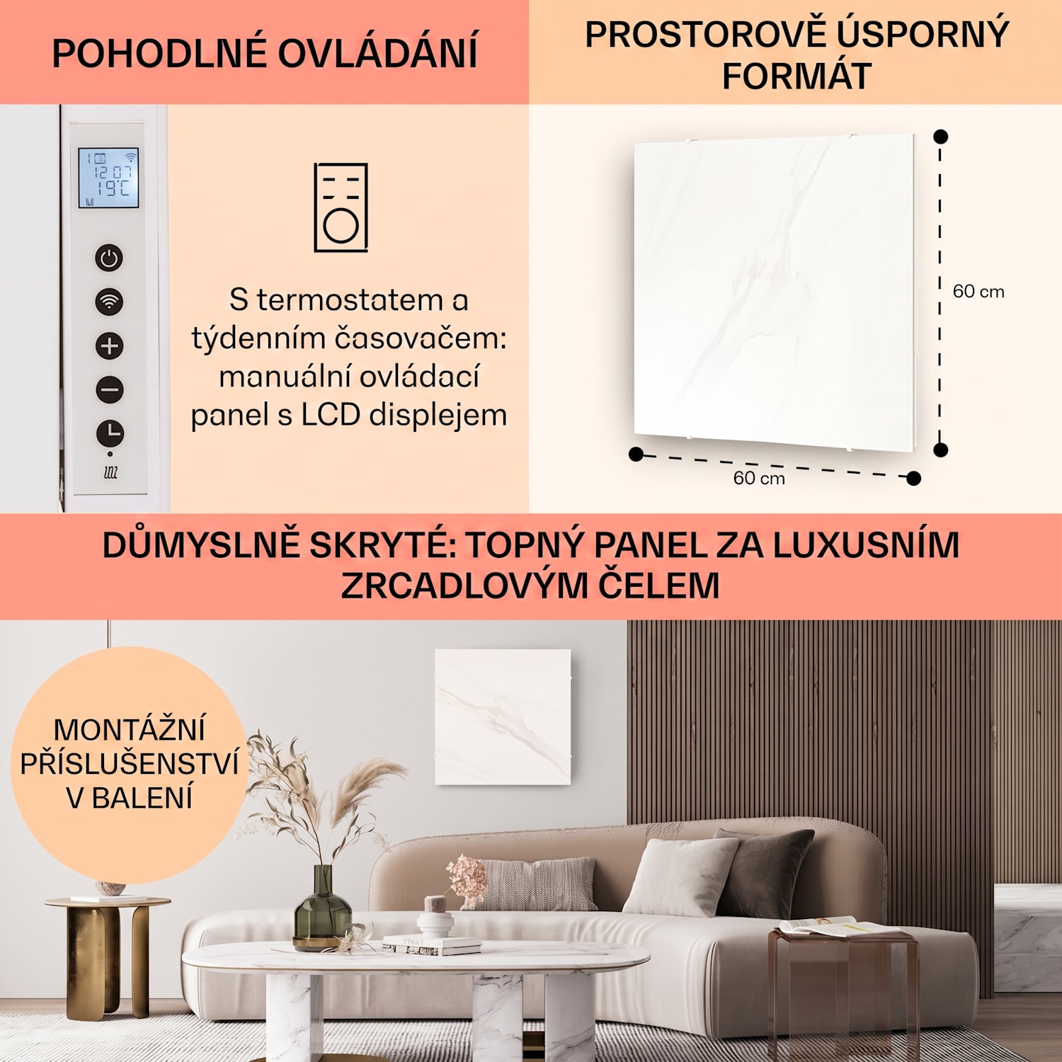 Santorini Smart, infračervený ohřívač, 60 x 60 cm, 500 W, týdenní časovač, IP24 500 W
