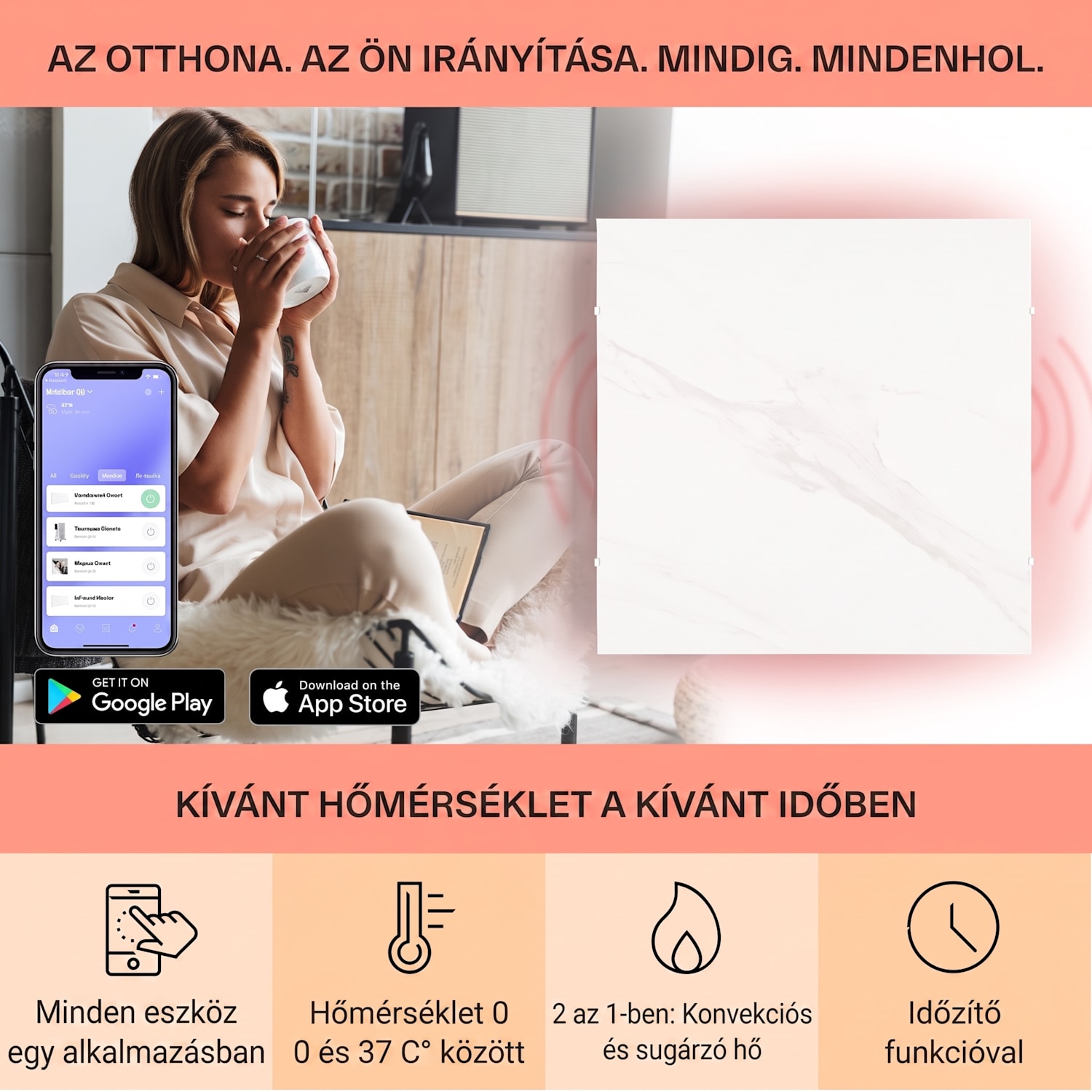 Santorini Smart, infravörös hősugárzó, 60 x 60 cm, 500 W, heti időzítő, IP27 500 W
