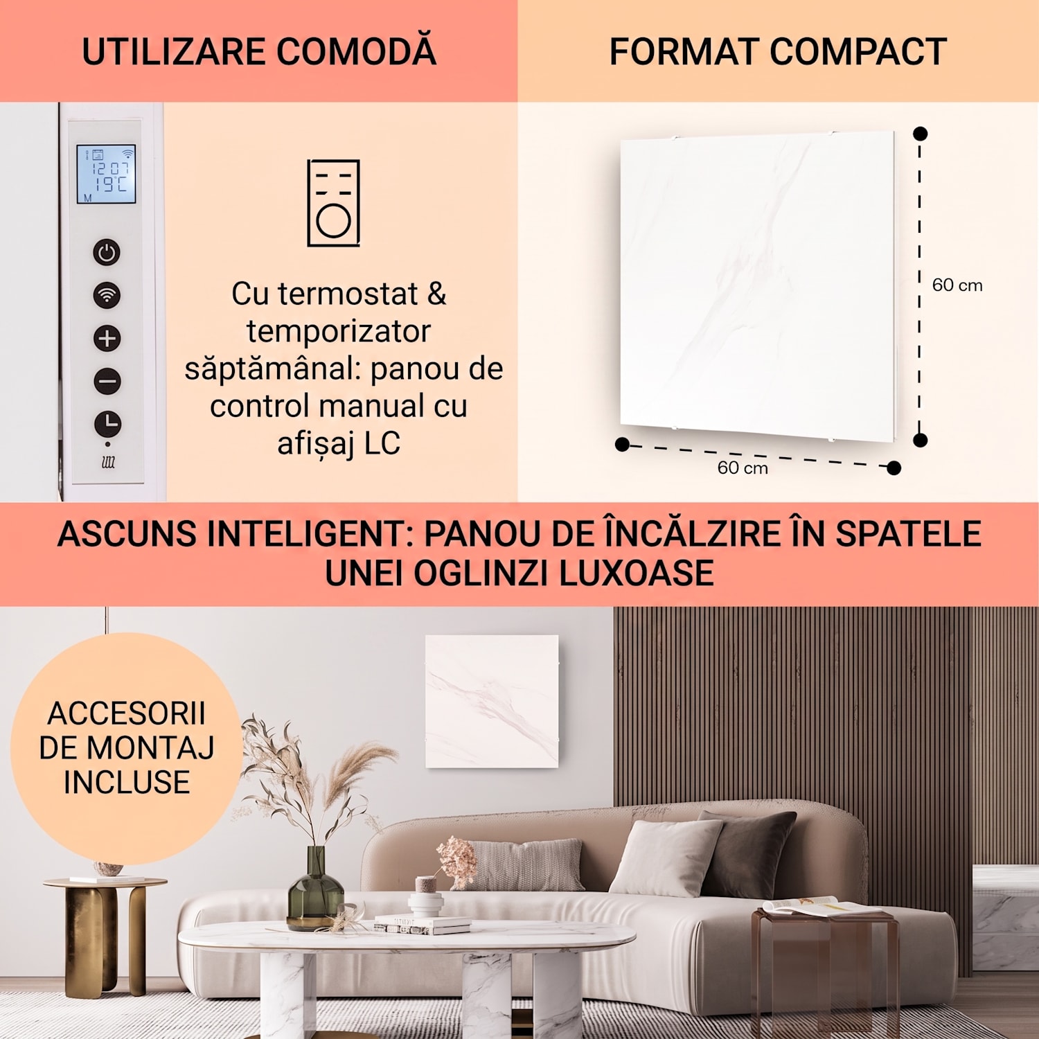 Santorini Smart, încălzitor cu infraroșu, 60 x 60 cm, 500 W, cronometru săptămânal, IP24 