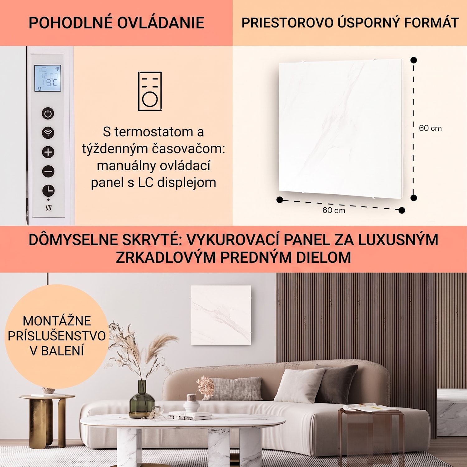 Wonderwall Santorini Smart, infračervený ohrievač, 60 x 60 cm, 500 W, týždenný časovač, IP24 500 W