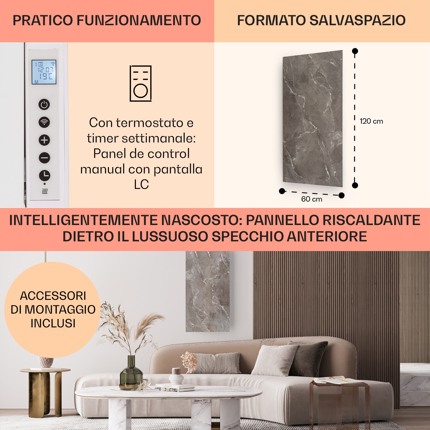 Santorini Smart- Pannello riscaldante a infrarossi, 120 x 60 cm, 1000 W, timer settimanale, IP24 