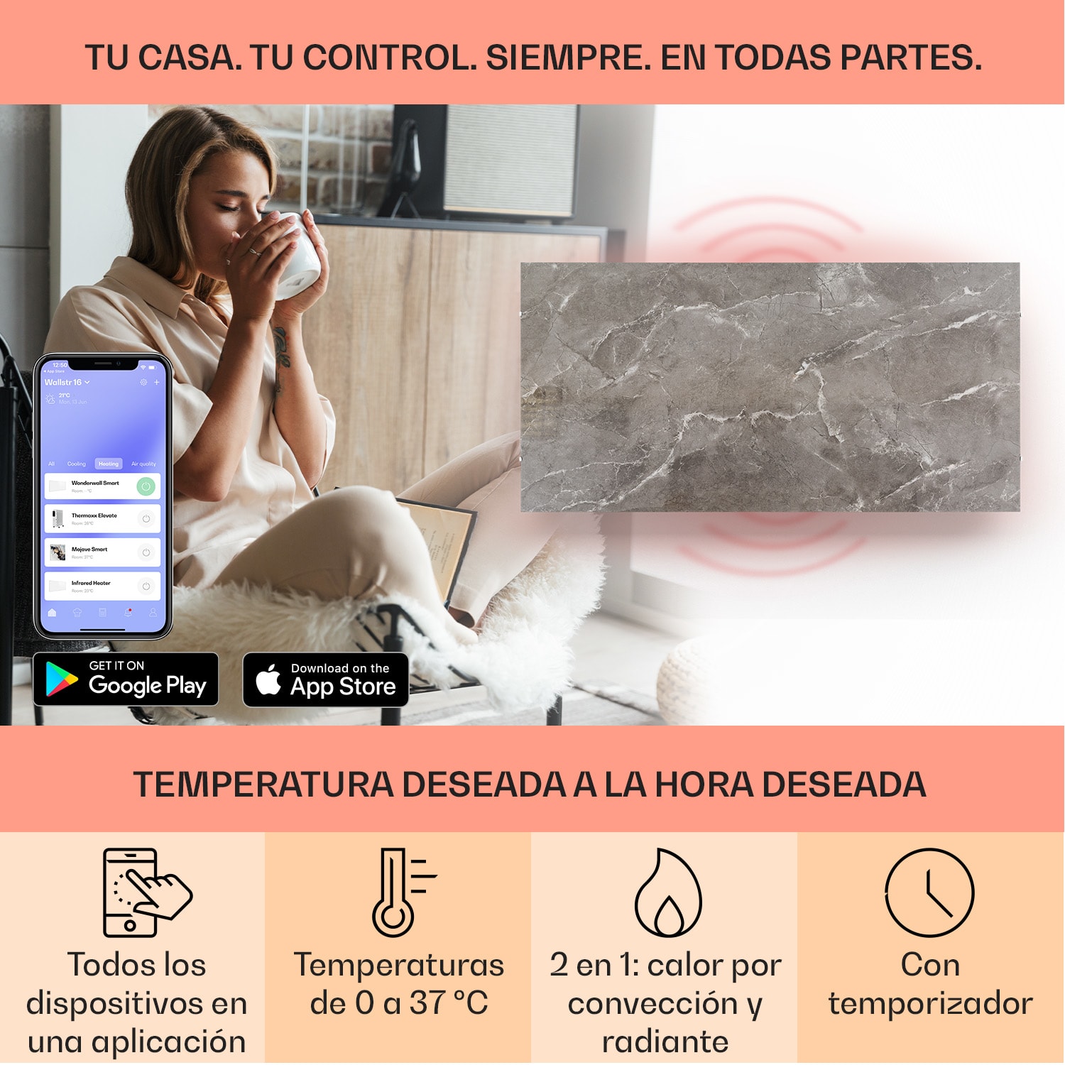 Calentador infrarrojo Santorini Smart 120 x 60 cm 1000 W  Temporizador semanal IP24 