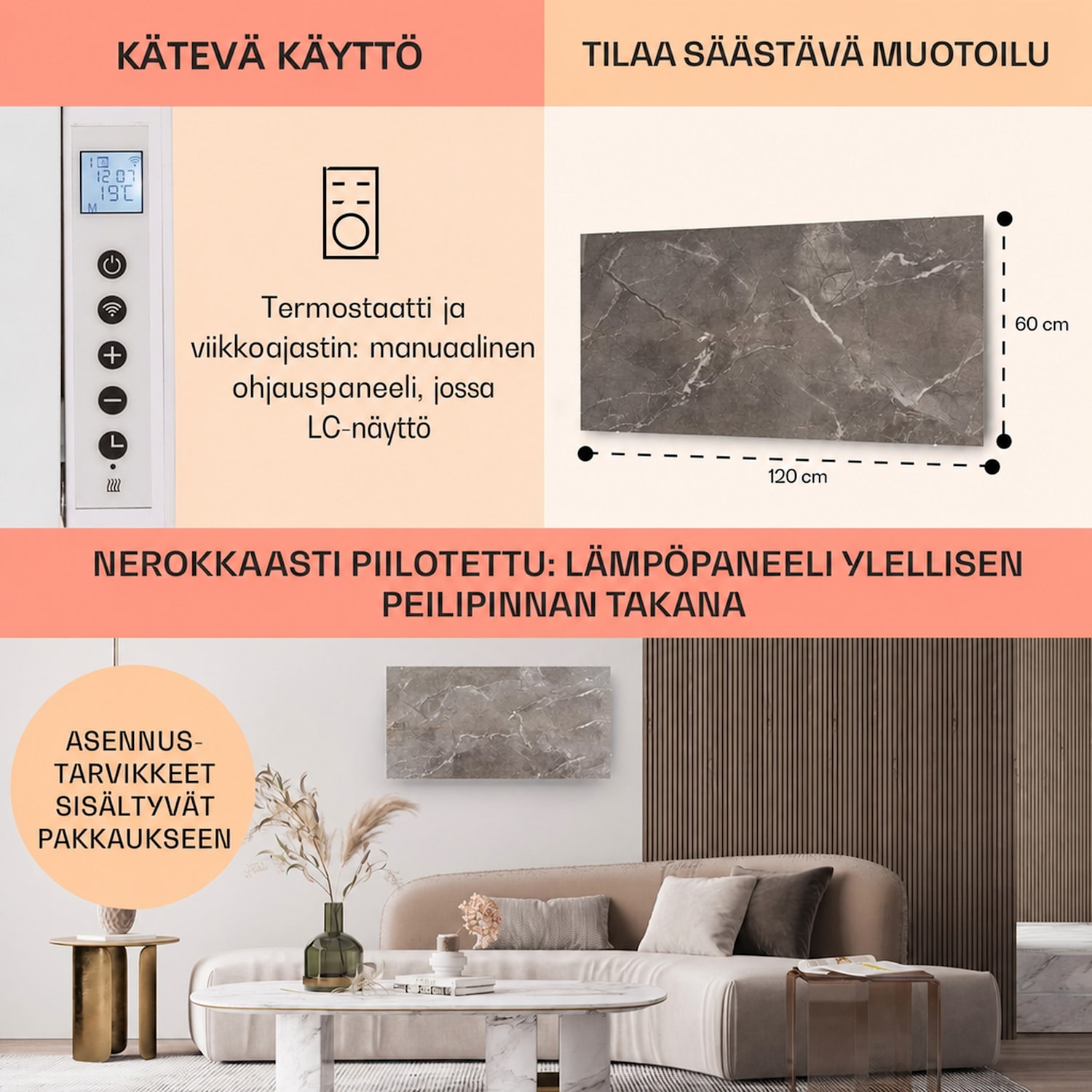Santorini Smart -infrapunalämmitin 120x60cm 1000W viikkoajastin IP24 