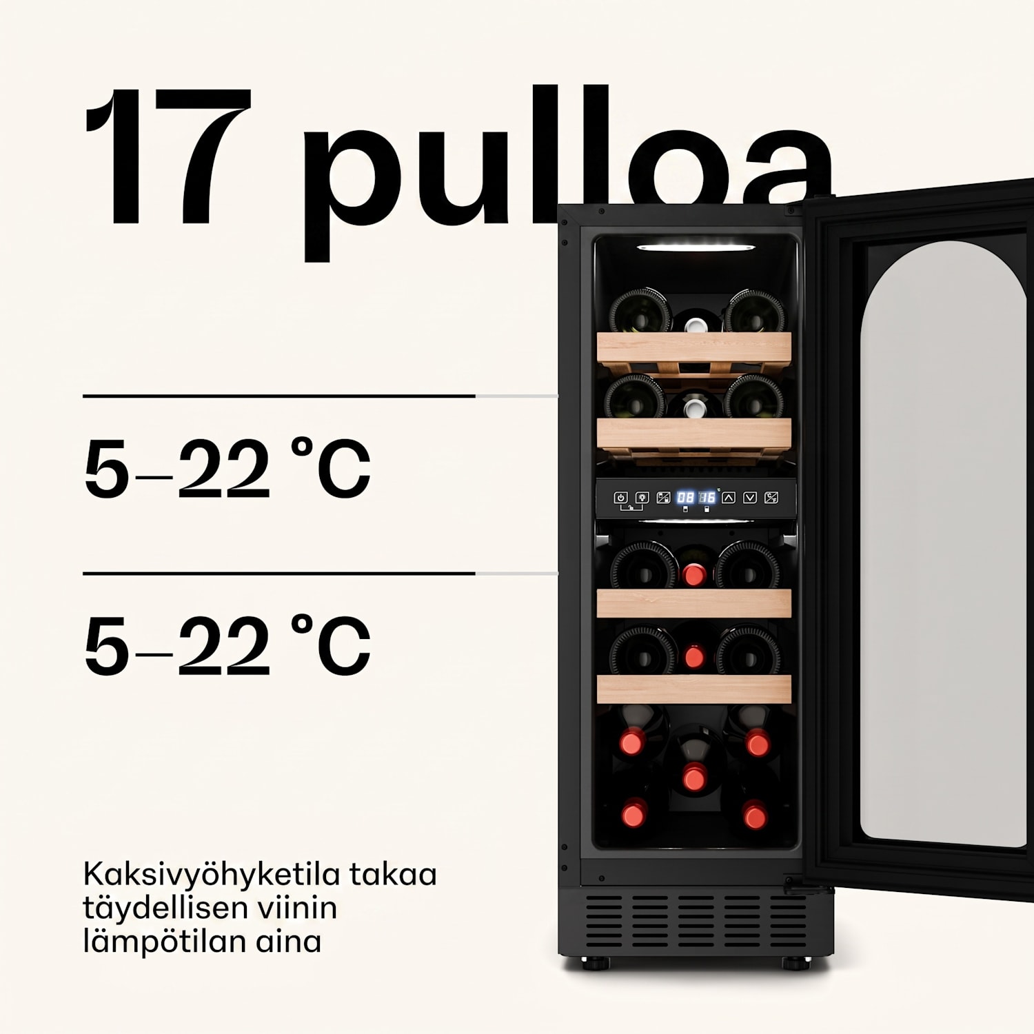 Vinovilla 17 Built-In Duo Vilhelmine Edition viinikaappi 17 pullolle 3 väriä lasiovi 17 pulloa | 2 jäähdytysalue | Musta / Antiikki Kulta Metallinen