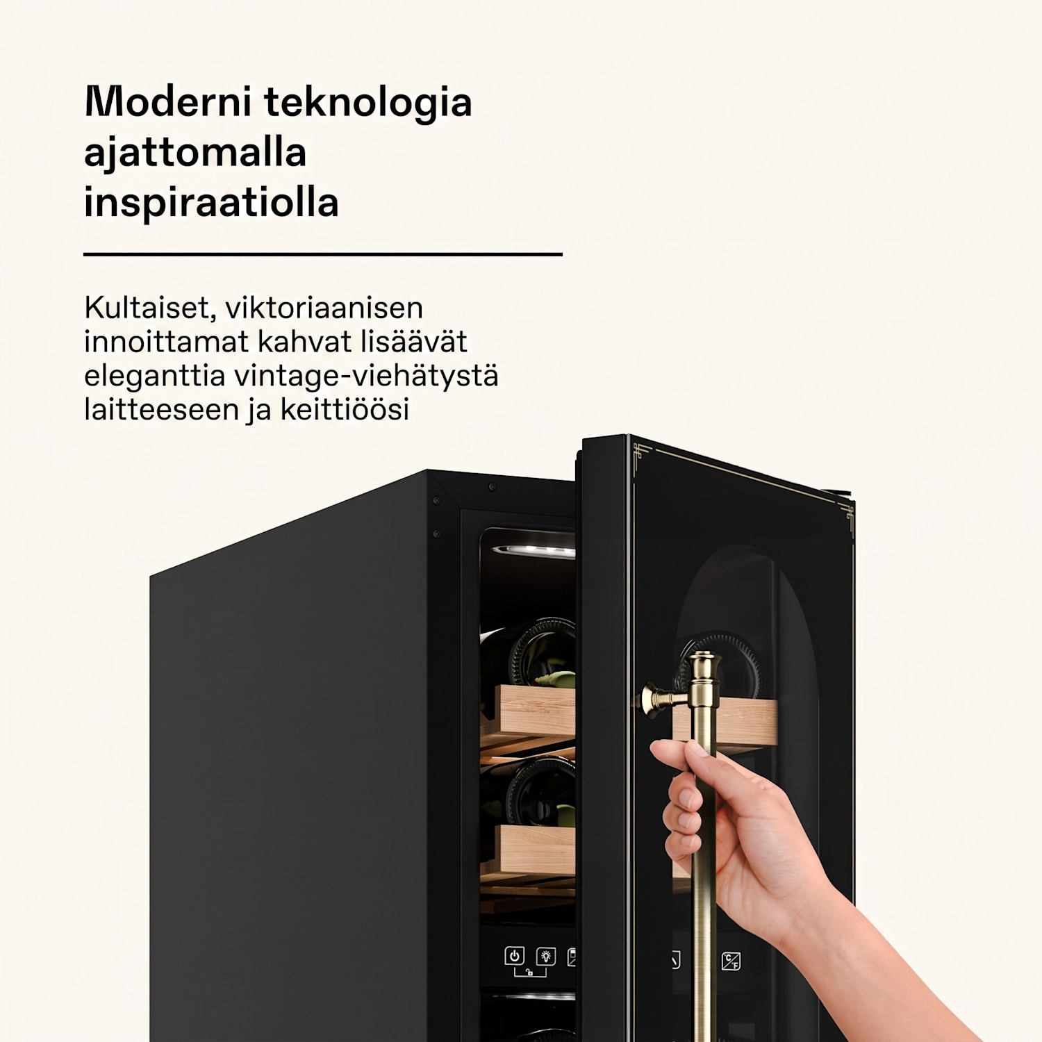 Vinovilla 17 Built-In Duo Vilhelmine Edition viinikaappi 17 pullolle 3 väriä lasiovi 17 pulloa | 2 jäähdytysalue | Musta / Antiikki Kulta Metallinen