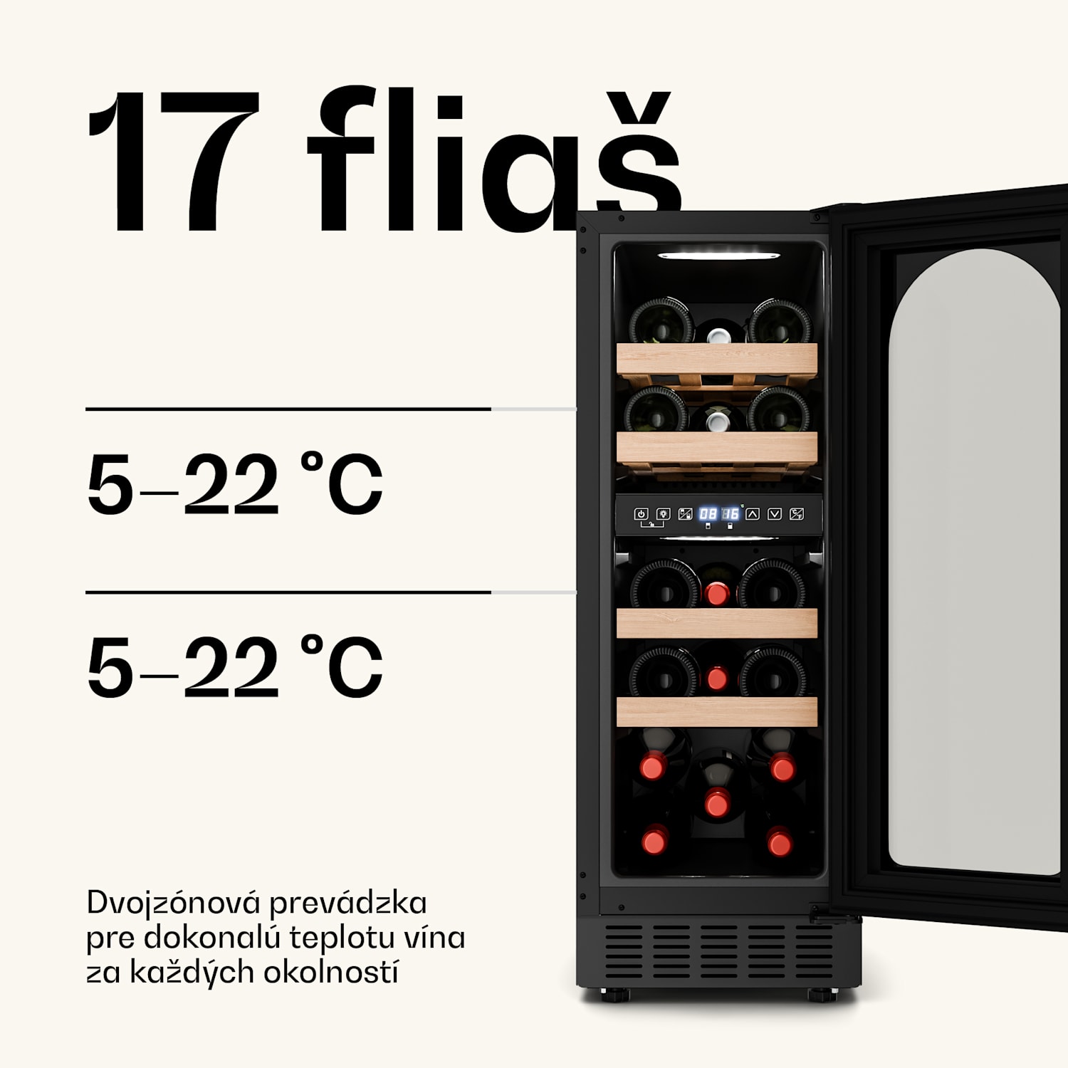 Vinovilla Victoria 17 Built-In Duo Vilhelmine Edition, vinotéka, 17 fliaš, sklenené dvierka 17 fliaš | 2 chladiace zóny | Čierna / Starožitná zlatá metalíza