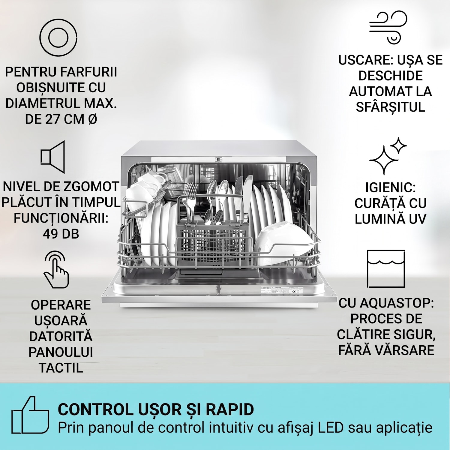 Havasia UV 6, mașină de spălat vase, cu lumină UV, cu fața din sticlă, cu suport liber, 1380W Argintiu metalizat