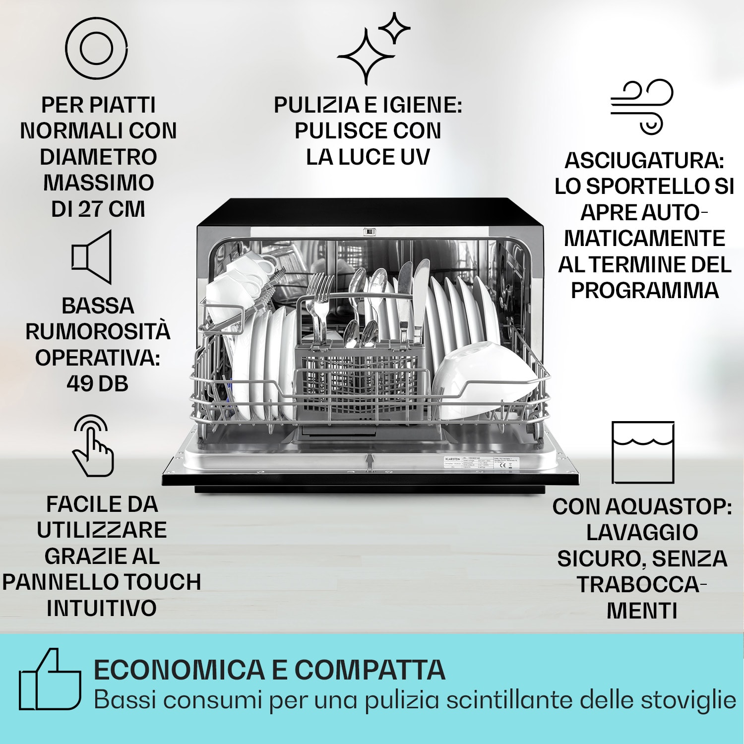 Havasia UV 6 - Lavastoviglie, luce UV, posizionamento libero, 1380 W Nero