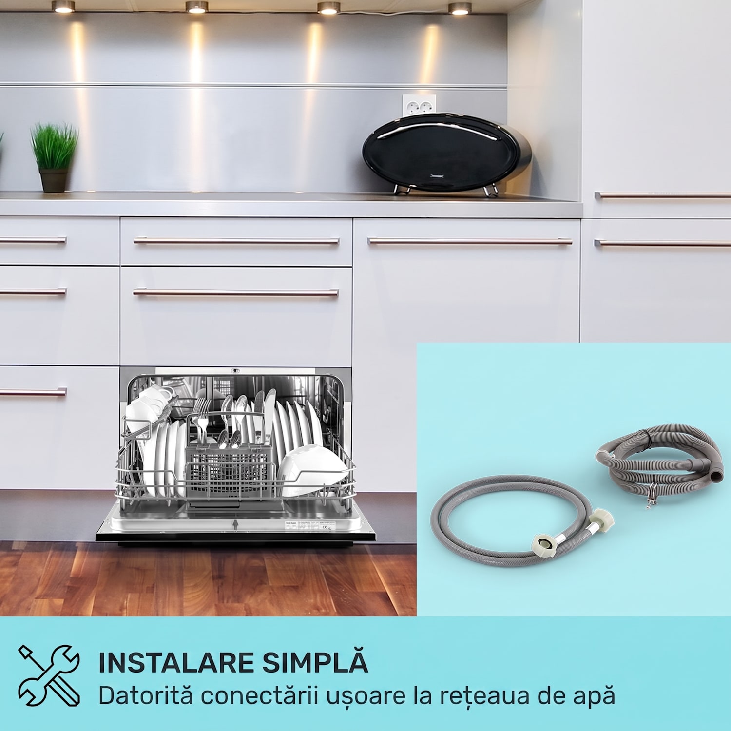 Havasia UV 6, mașină de spălat vase, cu lumină UV, cu fața din sticlă, cu suport liber, 1380W Negru