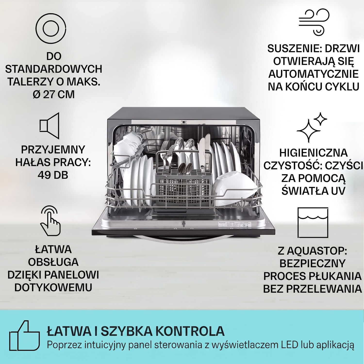 Havasia UV 6 Luminance, zmywarka do naczyń, wolnostojąca, lampa UV, szklany front, 1380 W Czarny